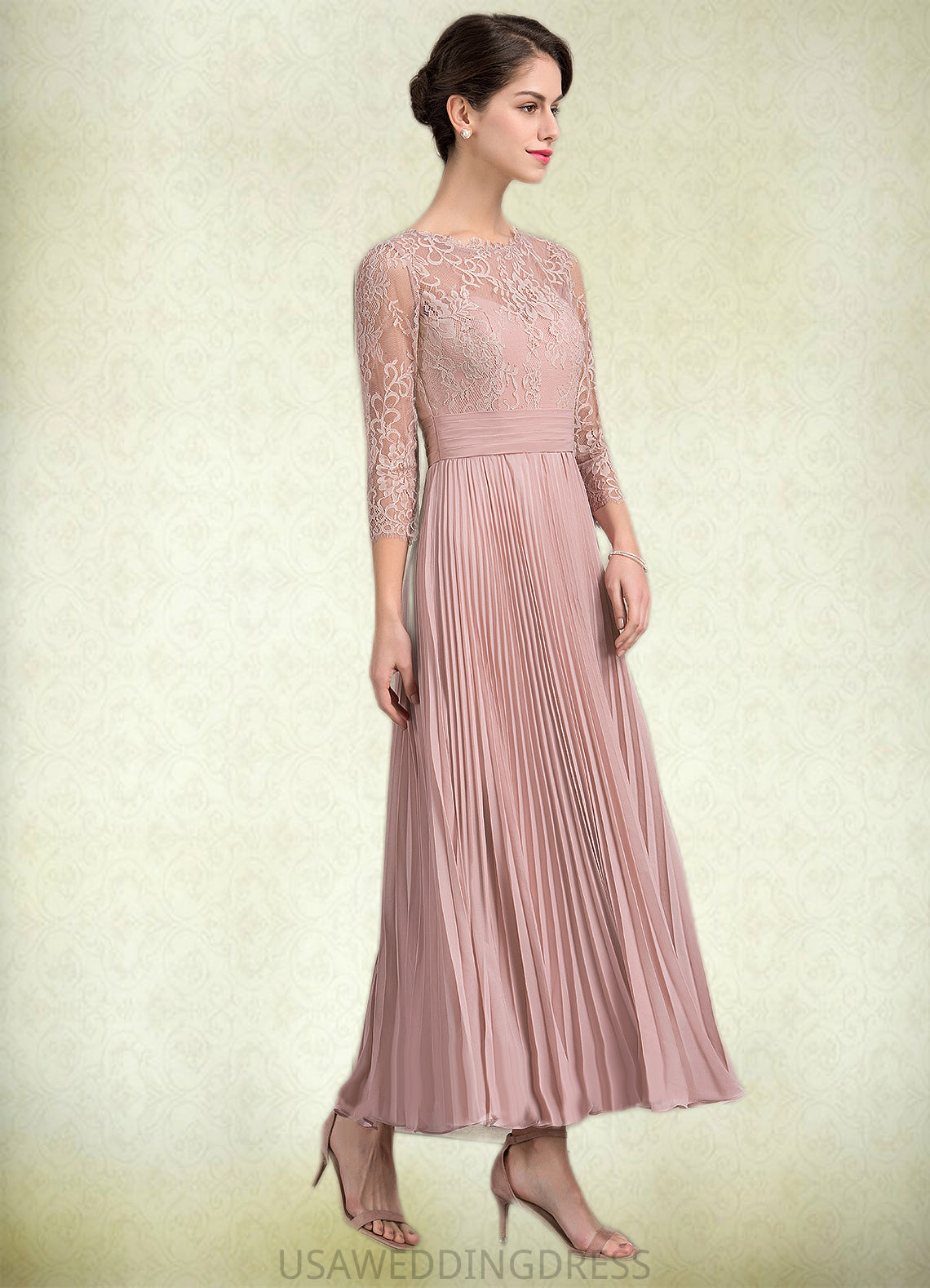 Addisyn A-Line Scoop Neck Ankle-Length Chiffon Lace Mother of the Bride Dress With Pleated DS126P0014651