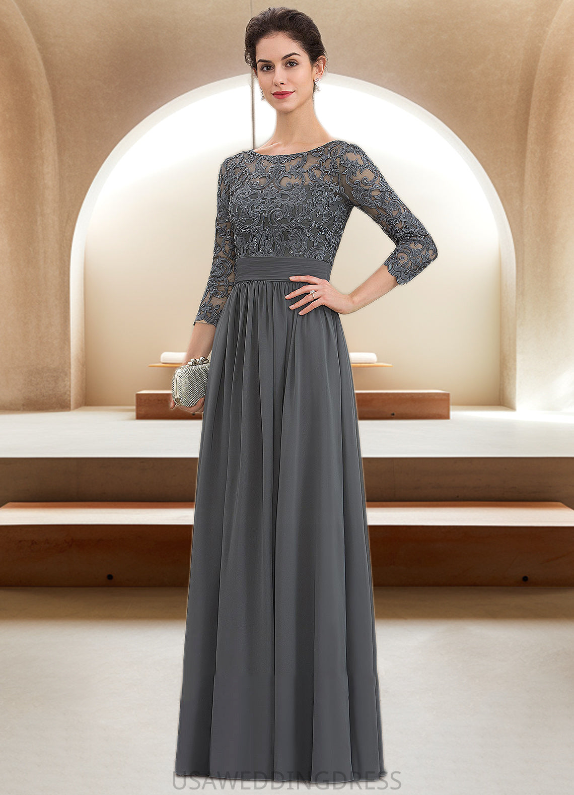 Heidi A-Line Scoop Neck Floor-Length Chiffon Lace Mother of the Bride Dress With Ruffle Beading Sequins DS126P0014652