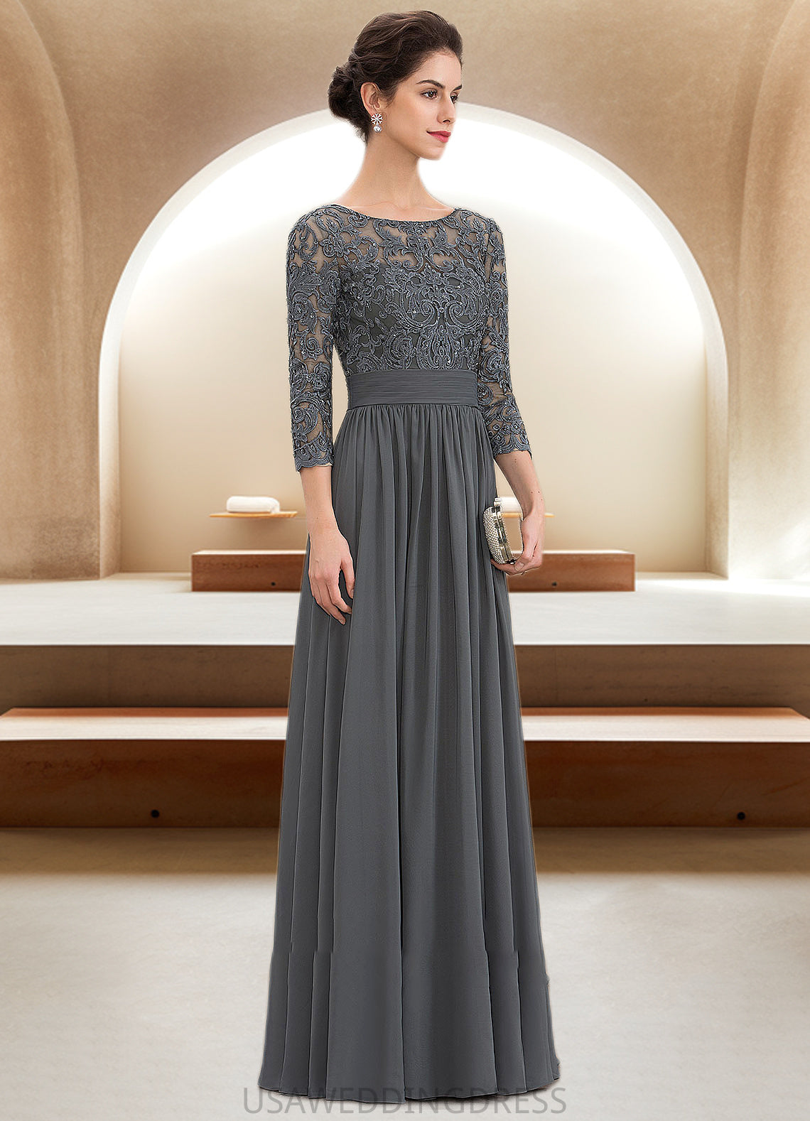 Heidi A-Line Scoop Neck Floor-Length Chiffon Lace Mother of the Bride Dress With Ruffle Beading Sequins DS126P0014652