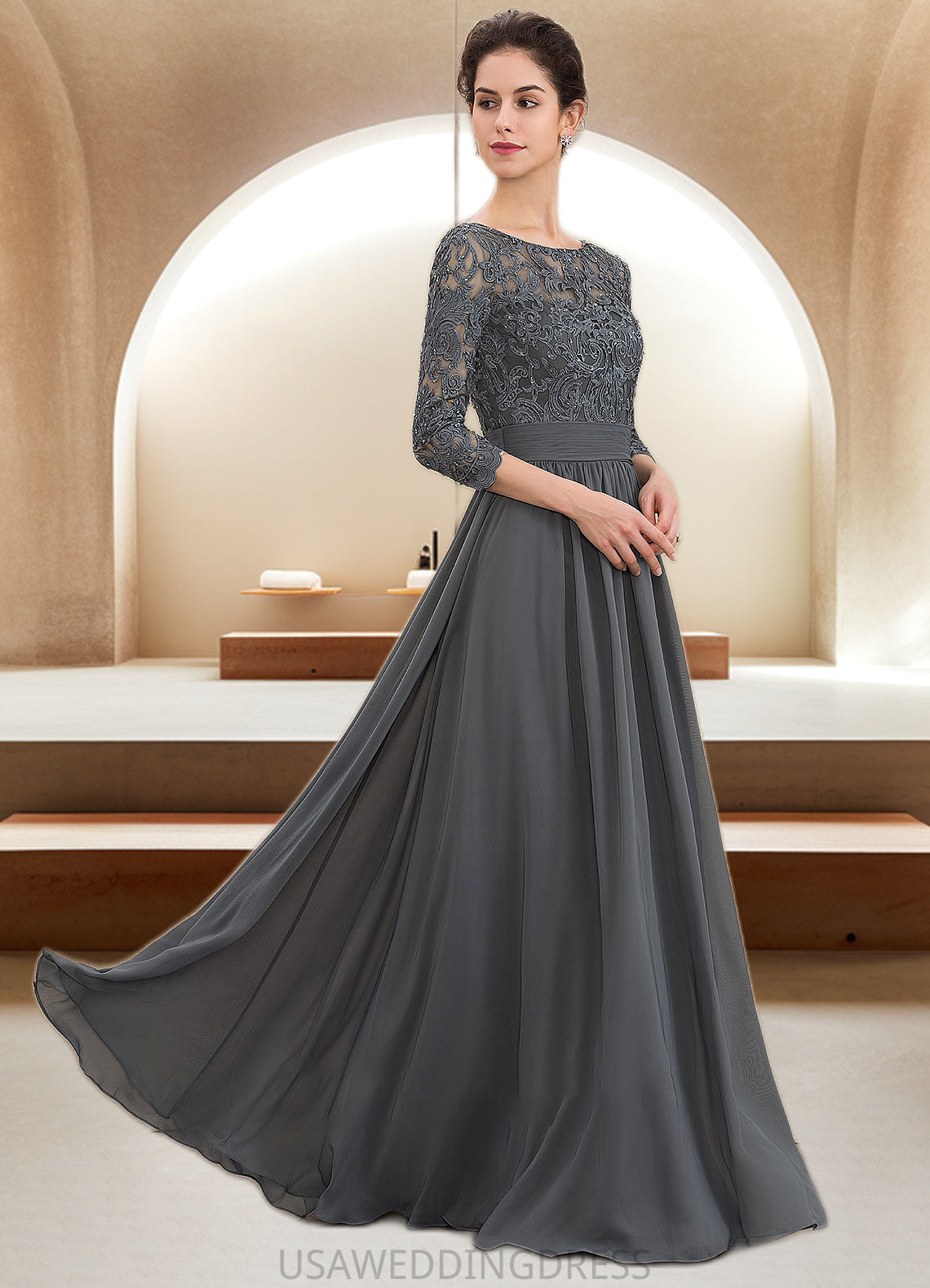 Heidi A-Line Scoop Neck Floor-Length Chiffon Lace Mother of the Bride Dress With Ruffle Beading Sequins DS126P0014652