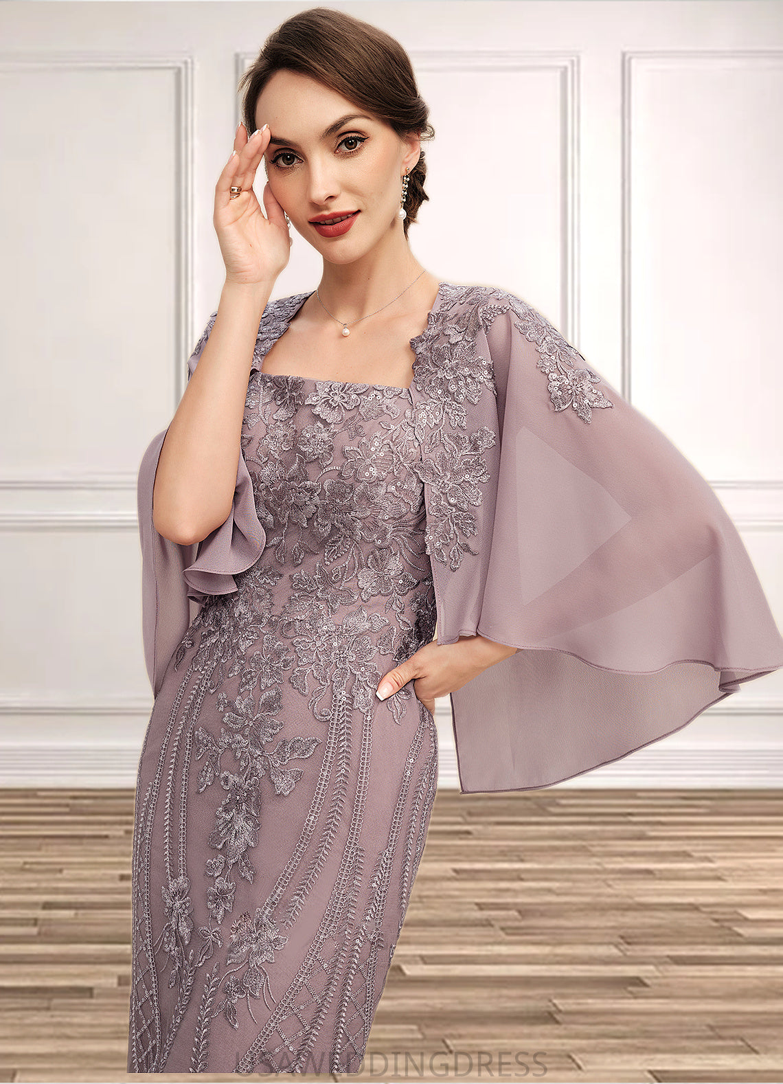 Ayla Sheath/Column Square Neckline Knee-Length Chiffon Lace Mother of the Bride Dress With Sequins DS126P0014653