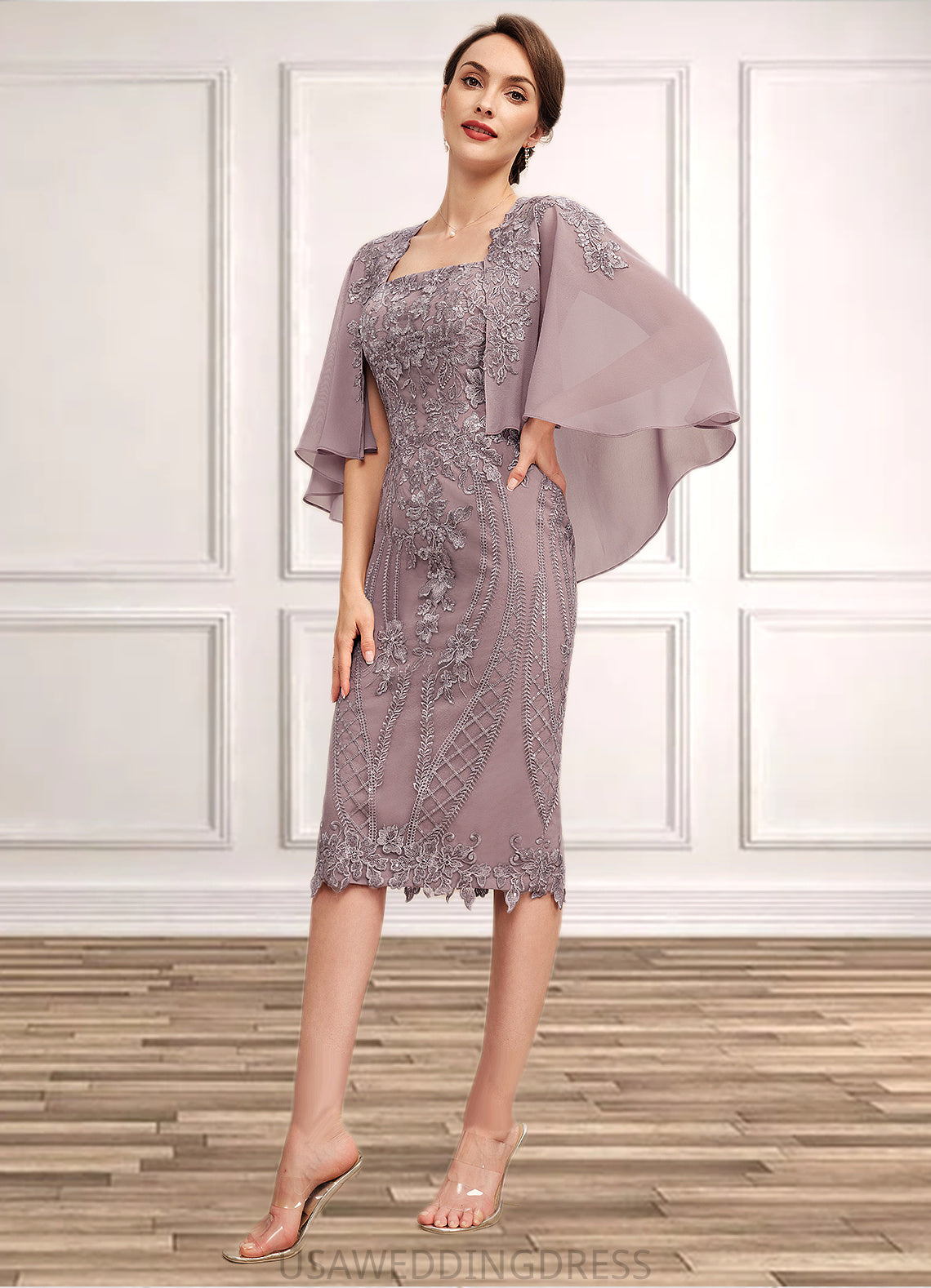 Ayla Sheath/Column Square Neckline Knee-Length Chiffon Lace Mother of the Bride Dress With Sequins DS126P0014653