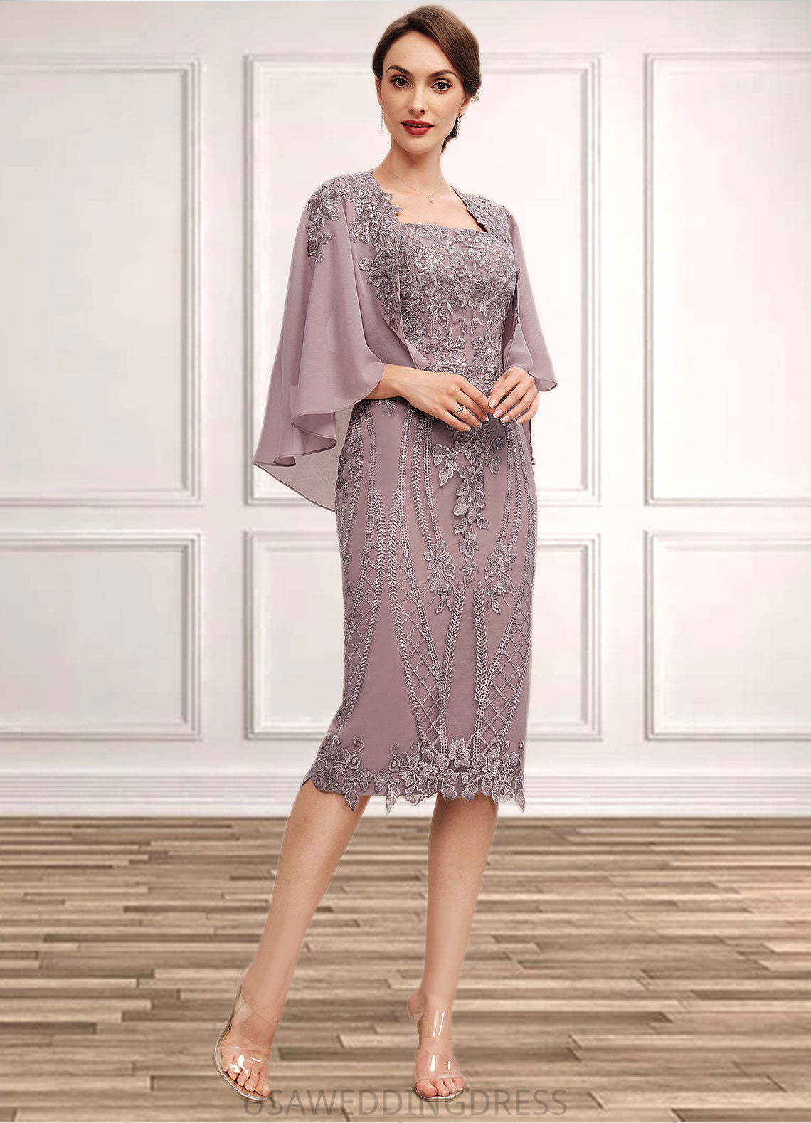 Ayla Sheath/Column Square Neckline Knee-Length Chiffon Lace Mother of the Bride Dress With Sequins DS126P0014653