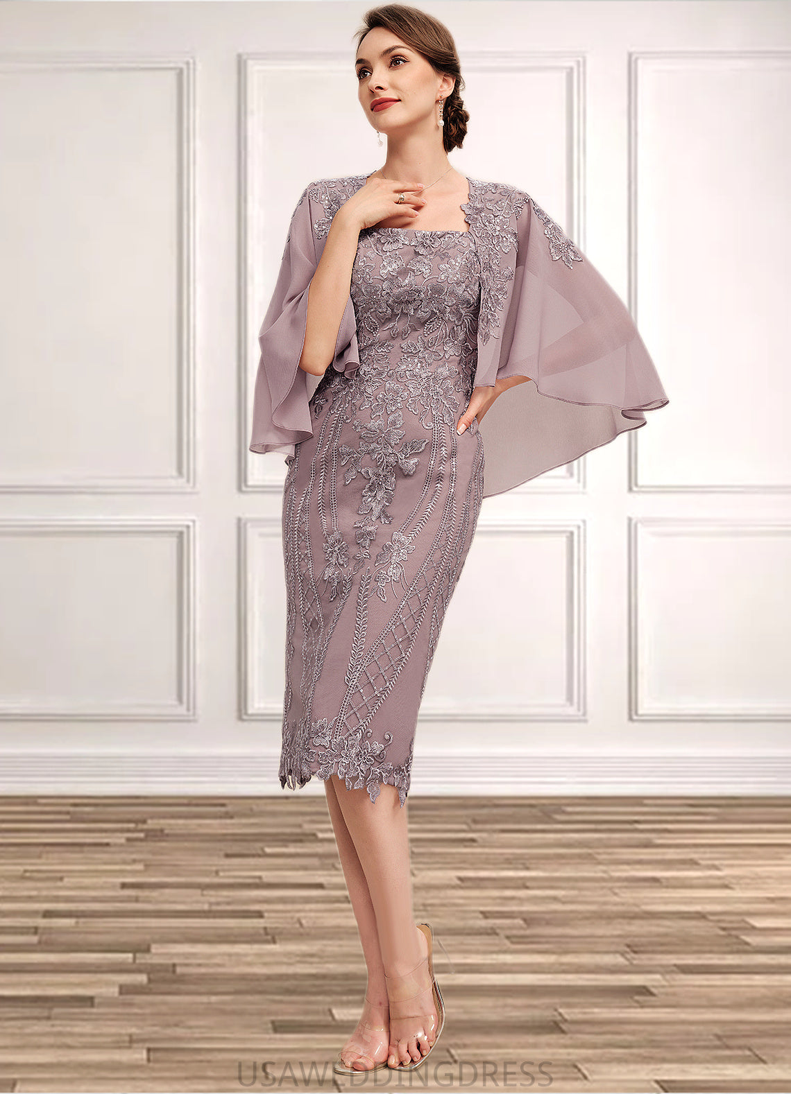 Ayla Sheath/Column Square Neckline Knee-Length Chiffon Lace Mother of the Bride Dress With Sequins DS126P0014653