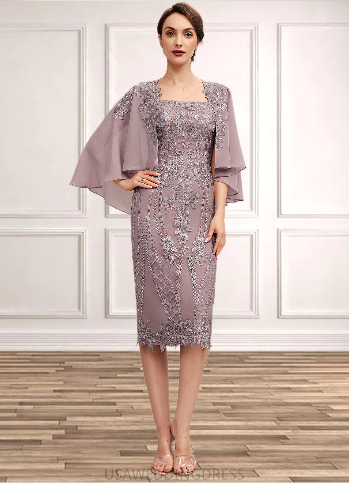 Ayla Sheath/Column Square Neckline Knee-Length Chiffon Lace Mother of the Bride Dress With Sequins DS126P0014653