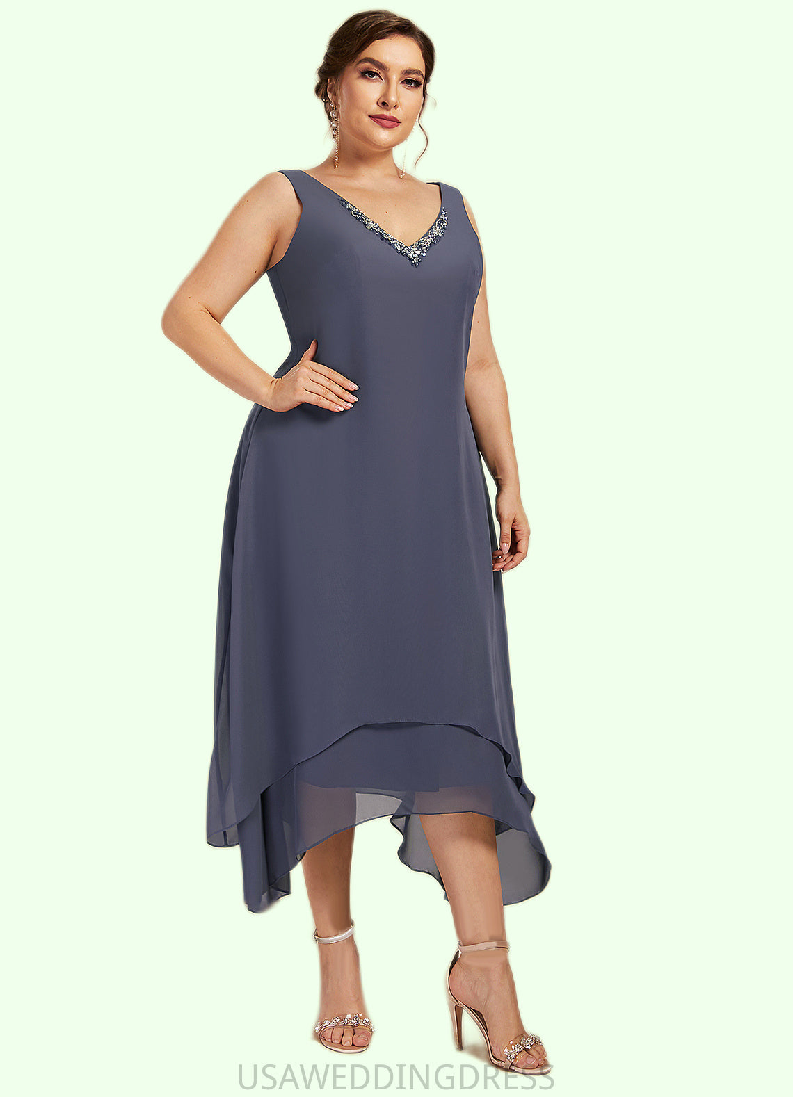 Caitlin A-line V-Neck Ankle-Length Chiffon Mother of the Bride Dress With Beading DS126P0014655