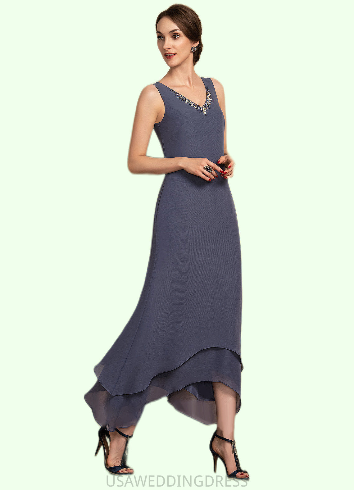 Caitlin A-line V-Neck Ankle-Length Chiffon Mother of the Bride Dress With Beading DS126P0014655