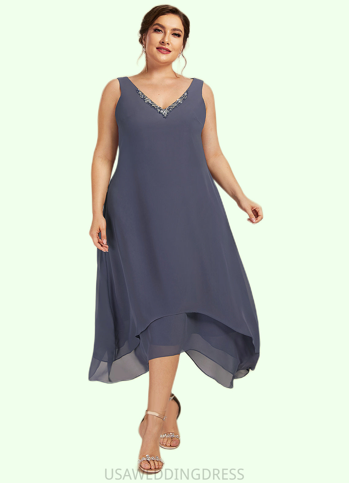 Caitlin A-line V-Neck Ankle-Length Chiffon Mother of the Bride Dress With Beading DS126P0014655