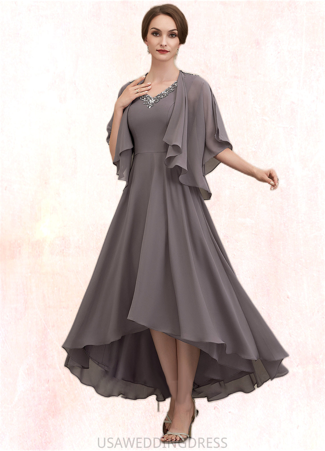 Lesley A-line V-Neck Asymmetrical Chiffon Mother of the Bride Dress With Beading Sequins DS126P0014656