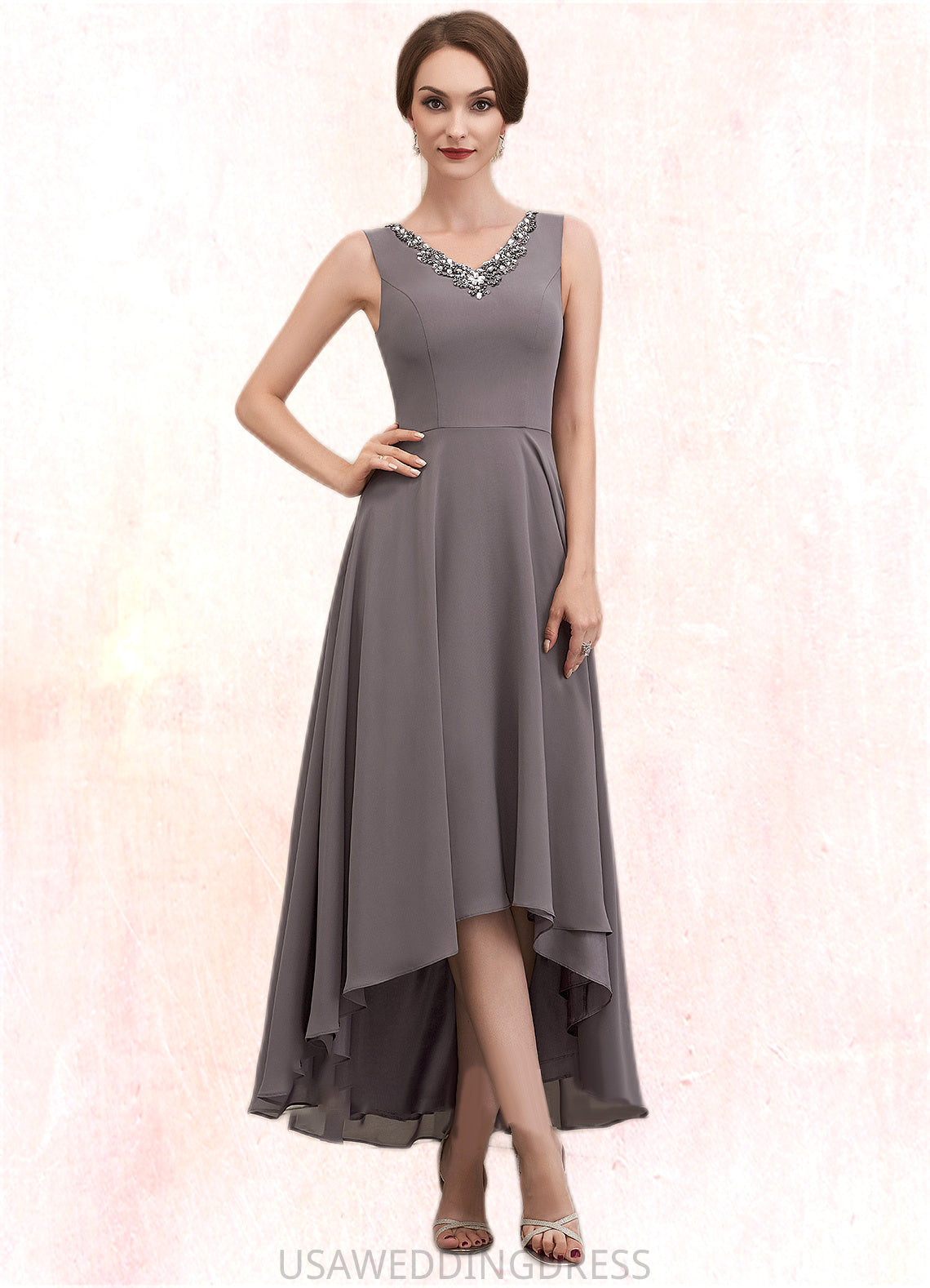 Lesley A-line V-Neck Asymmetrical Chiffon Mother of the Bride Dress With Beading Sequins DS126P0014656