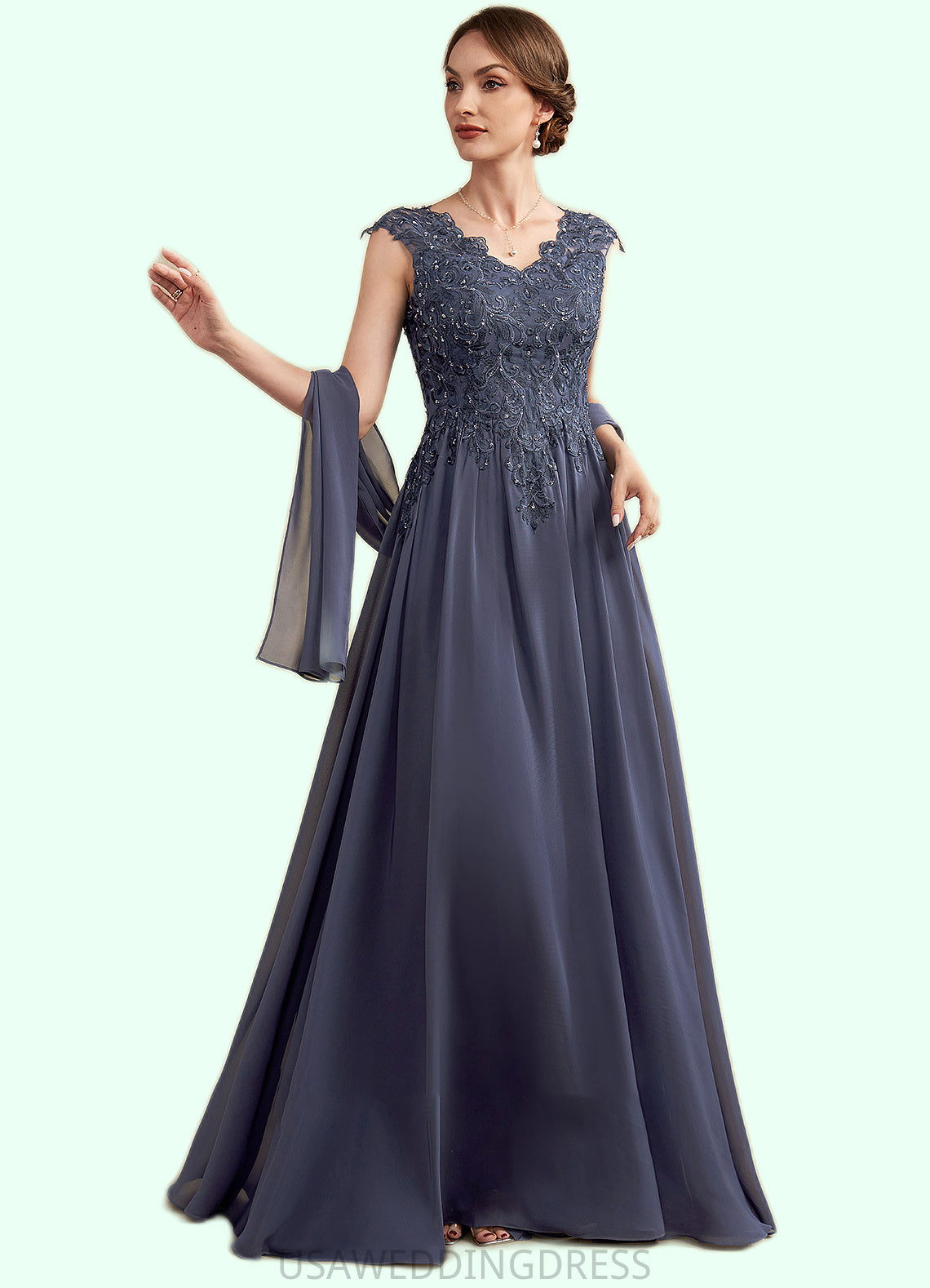 Anabelle A-Line V-neck Floor-Length Chiffon Lace Mother of the Bride Dress With Beading Sequins DS126P0014657