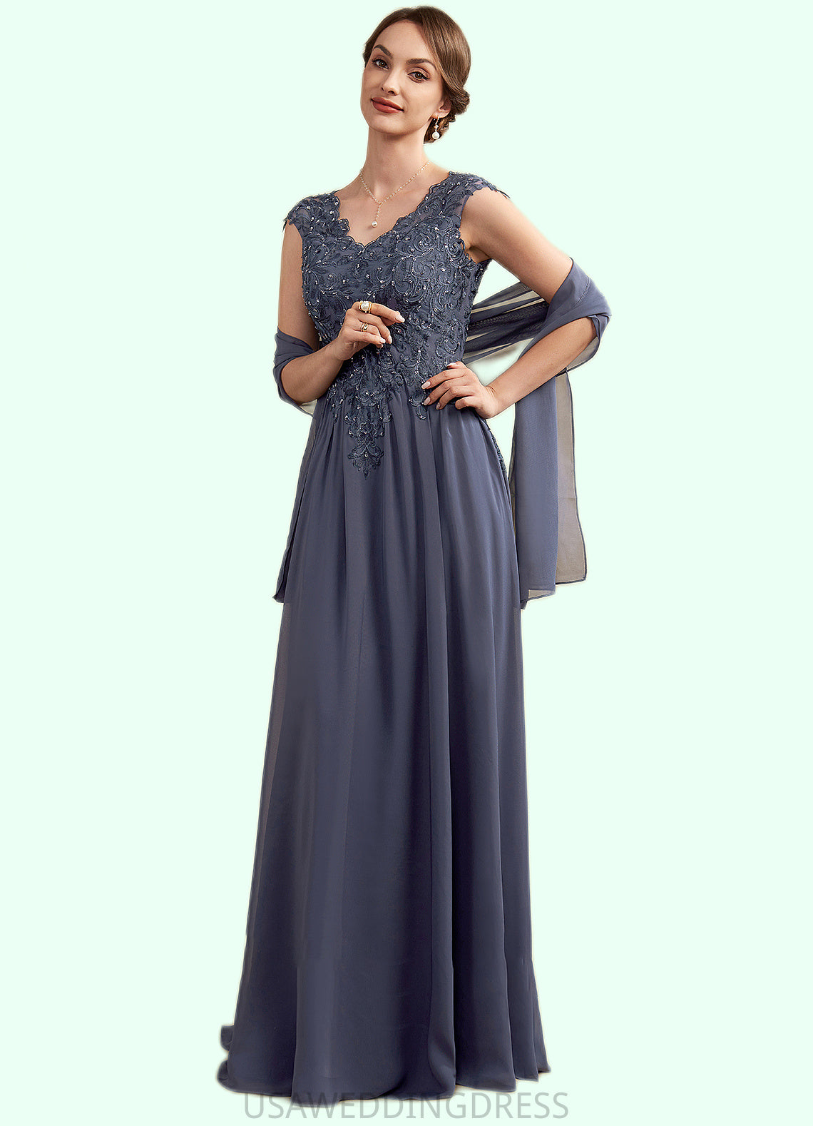 Anabelle A-Line V-neck Floor-Length Chiffon Lace Mother of the Bride Dress With Beading Sequins DS126P0014657