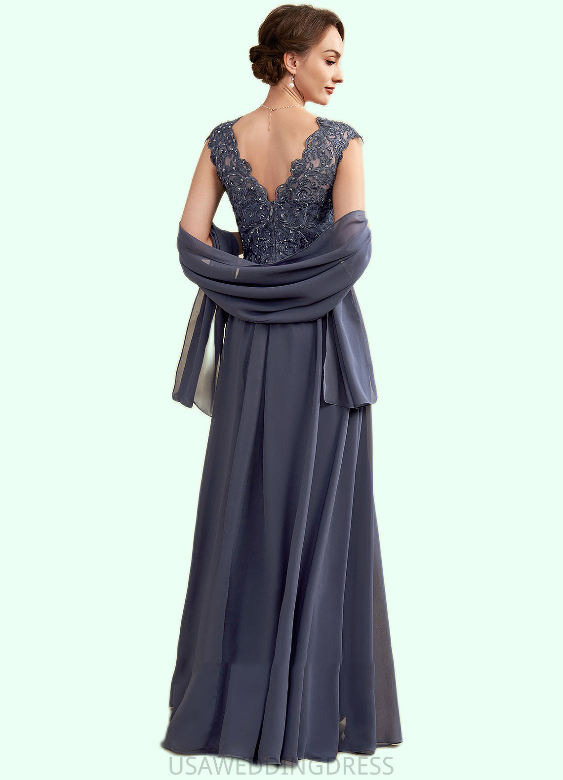 Anabelle A-Line V-neck Floor-Length Chiffon Lace Mother of the Bride Dress With Beading Sequins DS126P0014657