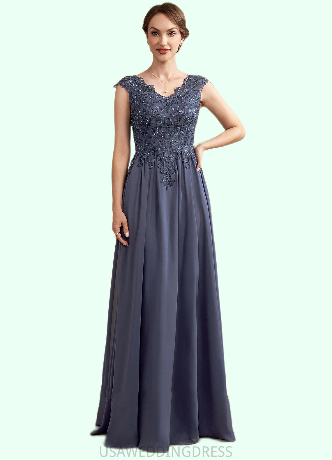 Anabelle A-Line V-neck Floor-Length Chiffon Lace Mother of the Bride Dress With Beading Sequins DS126P0014657