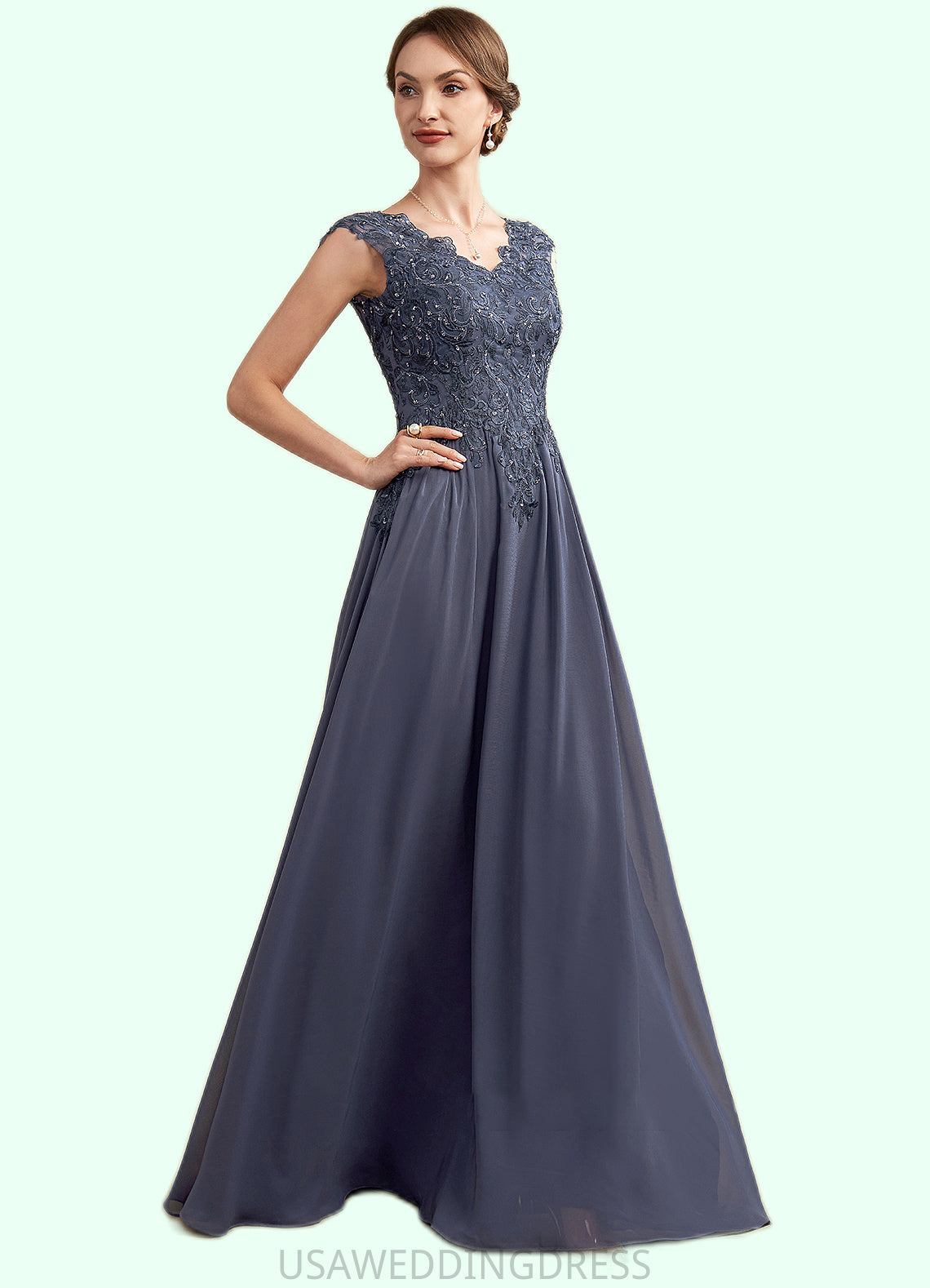 Anabelle A-Line V-neck Floor-Length Chiffon Lace Mother of the Bride Dress With Beading Sequins DS126P0014657