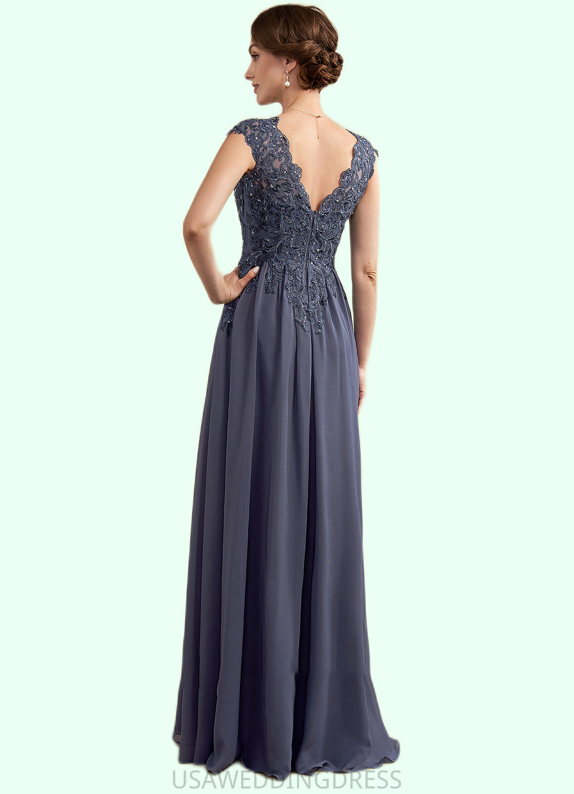 Anabelle A-Line V-neck Floor-Length Chiffon Lace Mother of the Bride Dress With Beading Sequins DS126P0014657