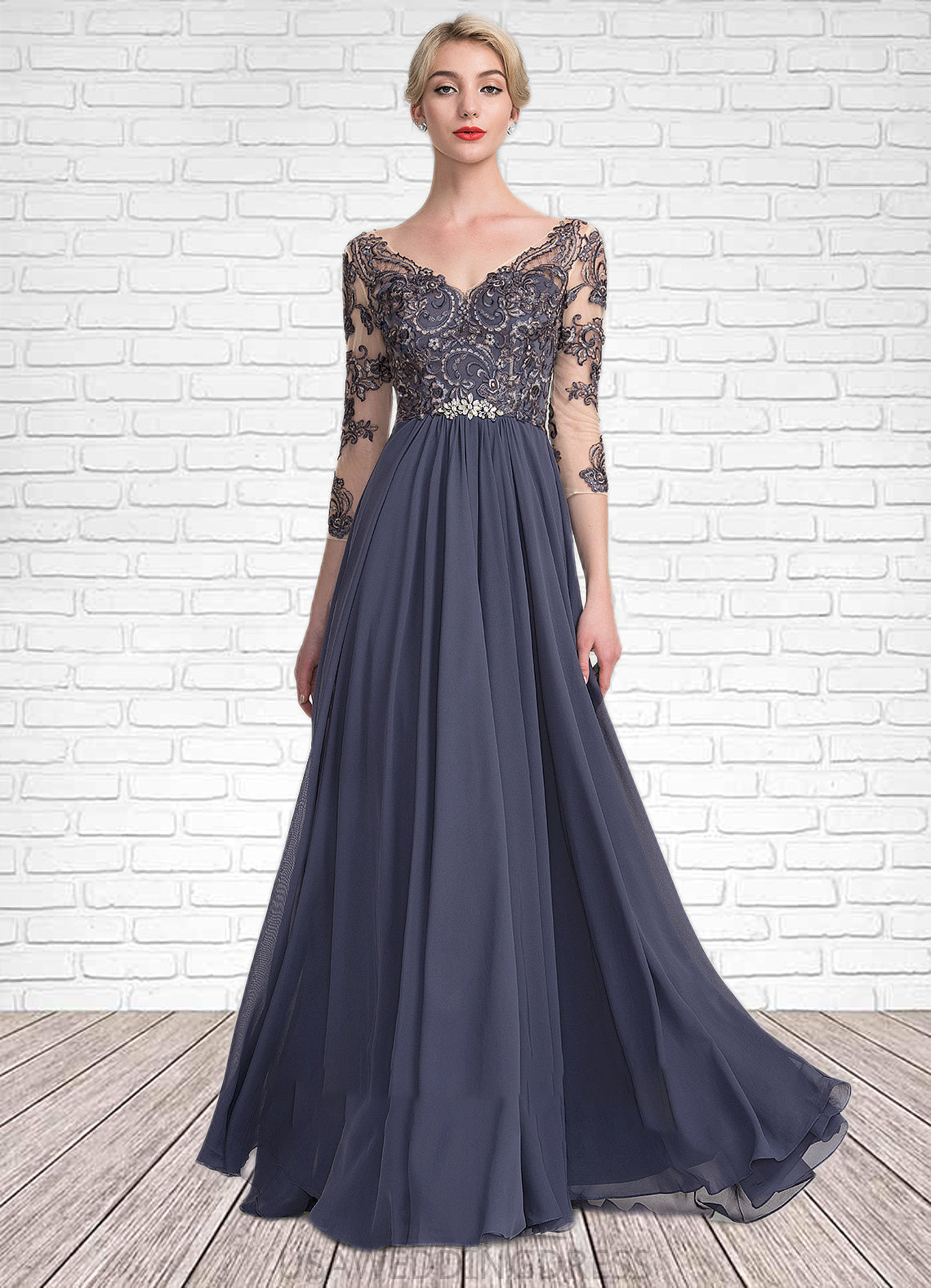 Shaylee A-Line V-neck Floor-Length Chiffon Lace Mother of the Bride Dress DS126P0014659