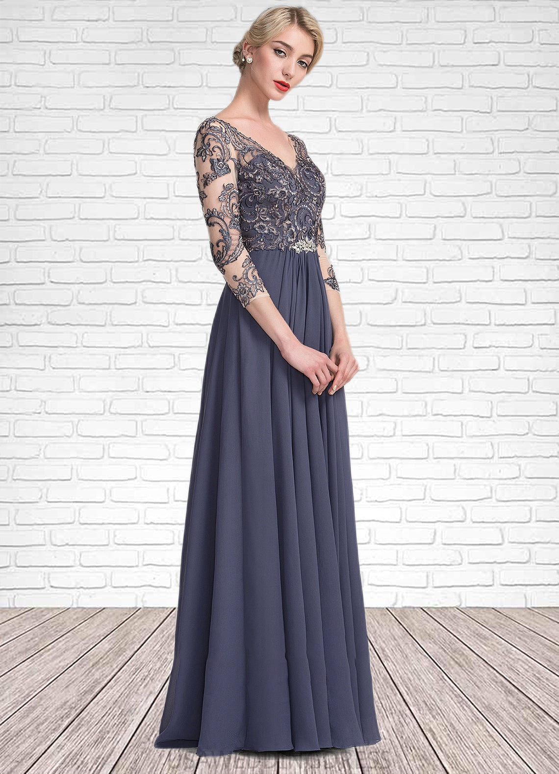 Shaylee A-Line V-neck Floor-Length Chiffon Lace Mother of the Bride Dress DS126P0014659