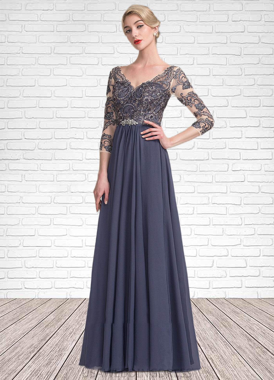 Shaylee A-Line V-neck Floor-Length Chiffon Lace Mother of the Bride Dress DS126P0014659