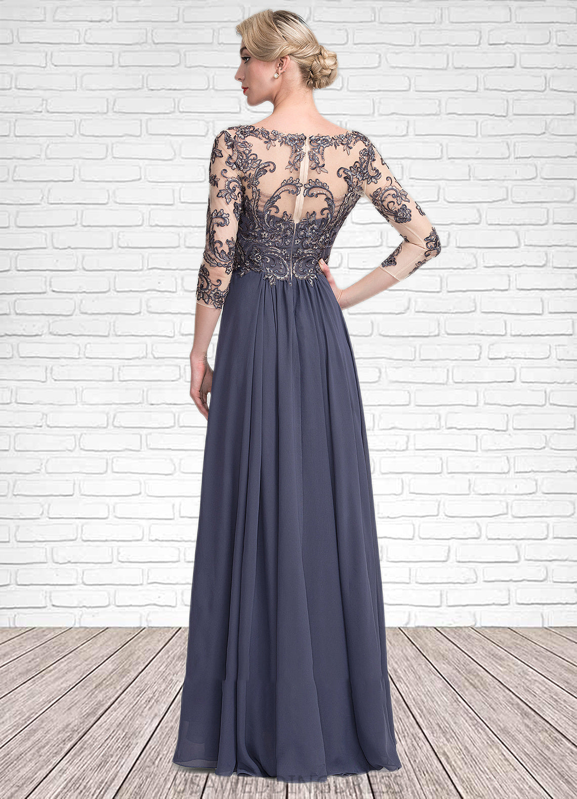 Shaylee A-Line V-neck Floor-Length Chiffon Lace Mother of the Bride Dress DS126P0014659