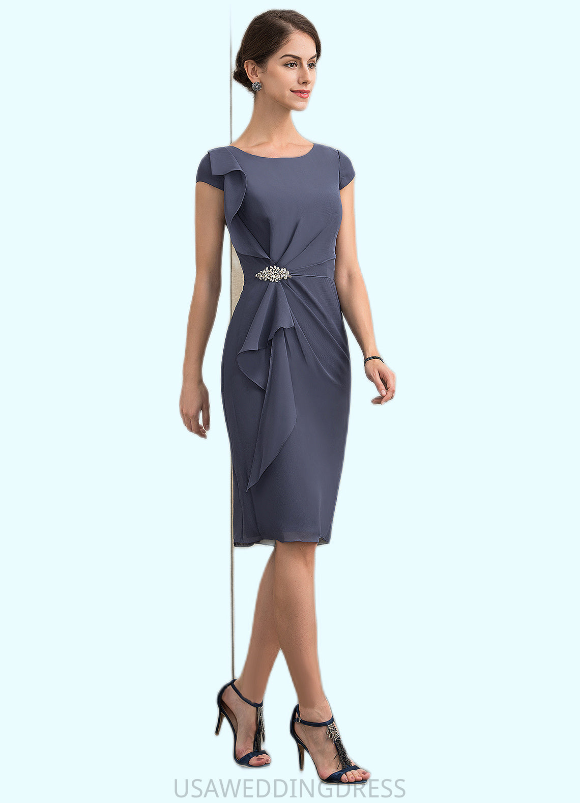 Leah Sheath/Column Scoop Neck Knee-Length Chiffon Mother of the Bride Dress With Beading Cascading Ruffles DS126P0014660