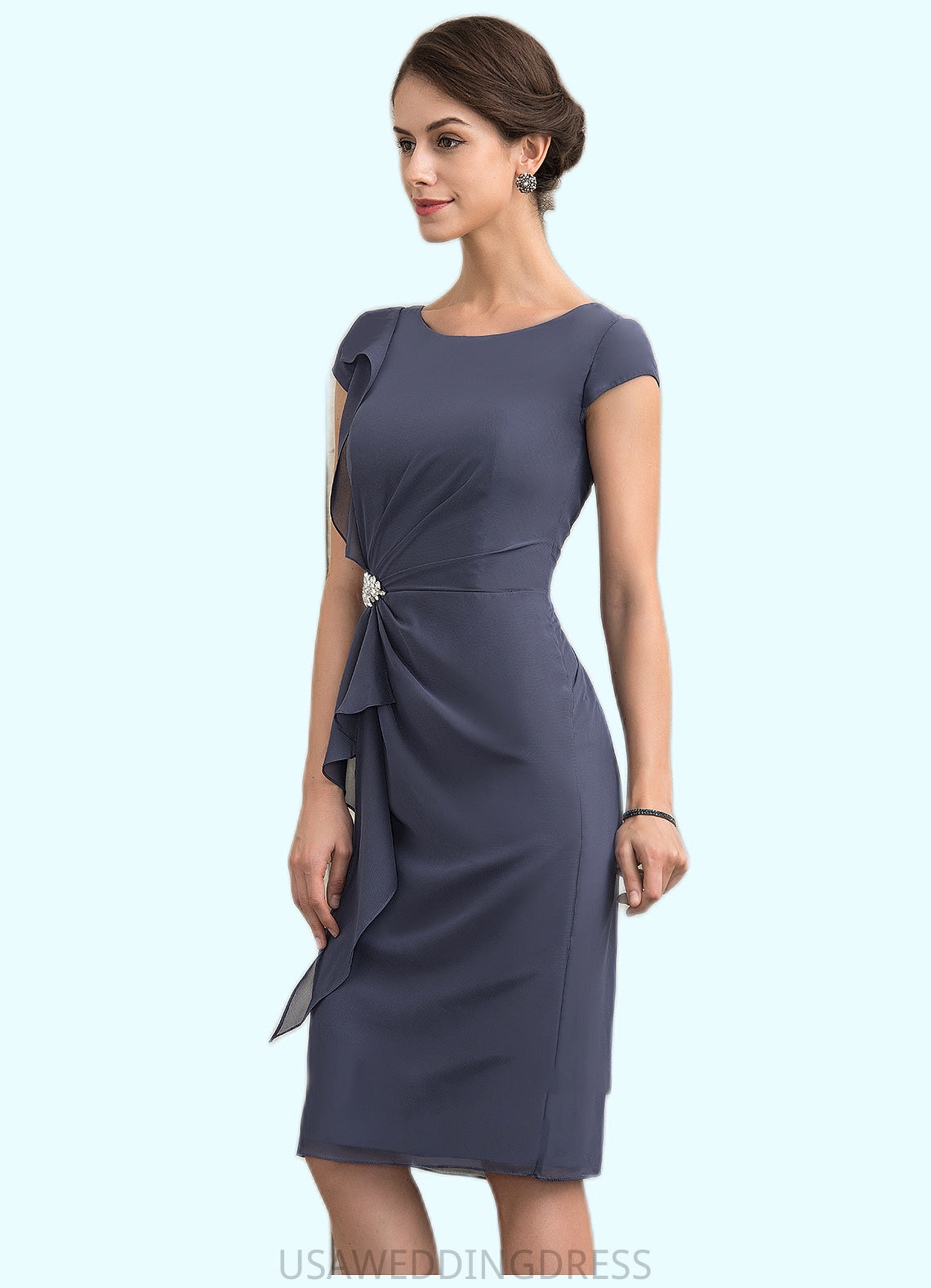 Leah Sheath/Column Scoop Neck Knee-Length Chiffon Mother of the Bride Dress With Beading Cascading Ruffles DS126P0014660