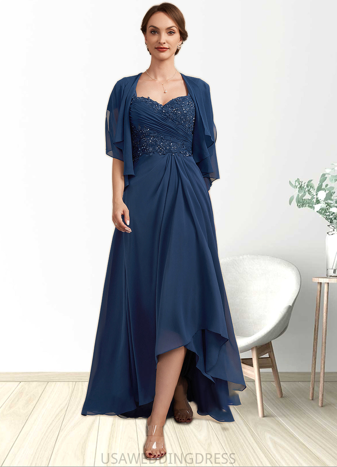 Perla A-Line Sweetheart Asymmetrical Chiffon Lace Mother of the Bride Dress With Ruffle Beading Sequins DS126P0014663