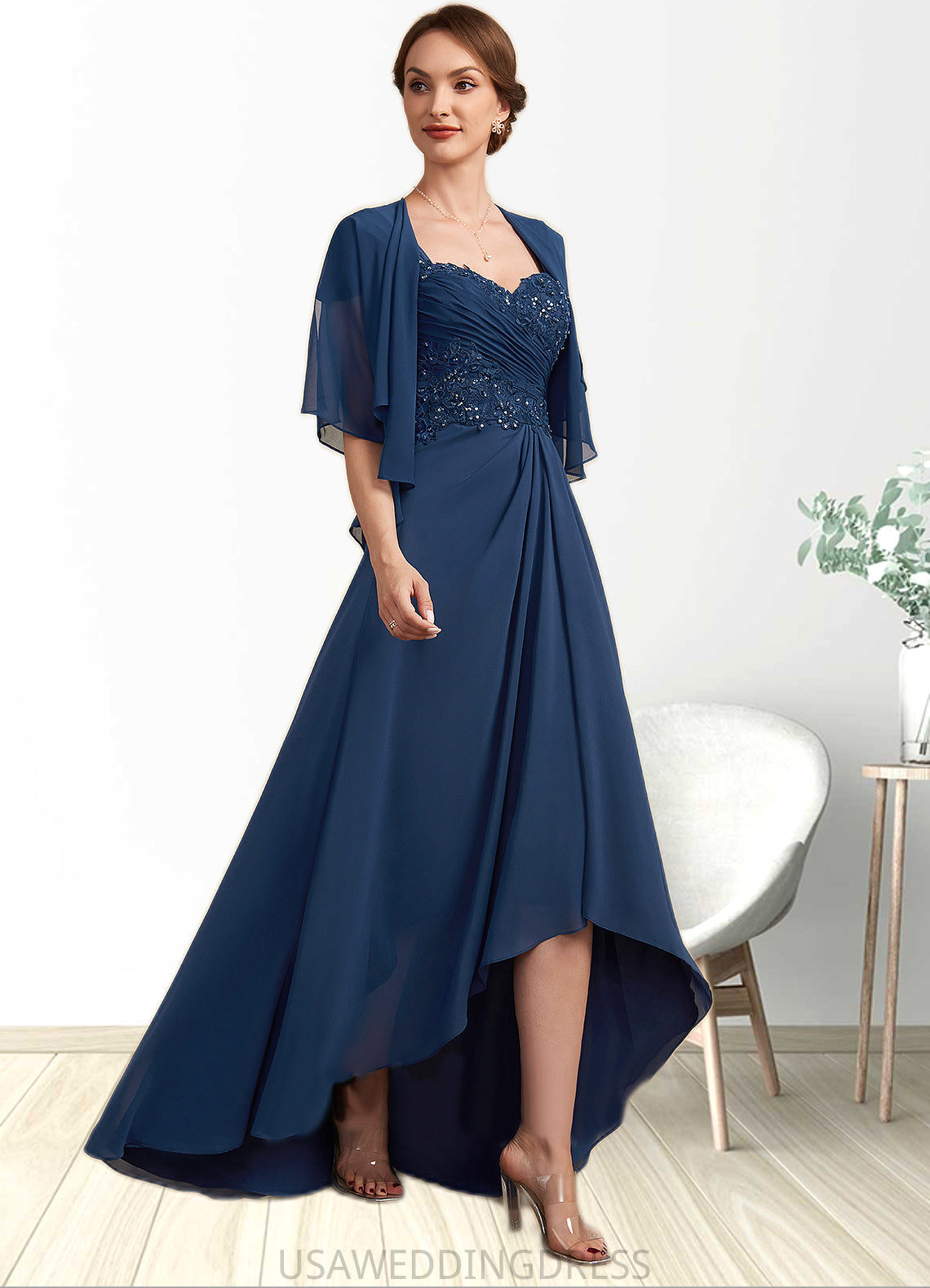 Perla A-Line Sweetheart Asymmetrical Chiffon Lace Mother of the Bride Dress With Ruffle Beading Sequins DS126P0014663