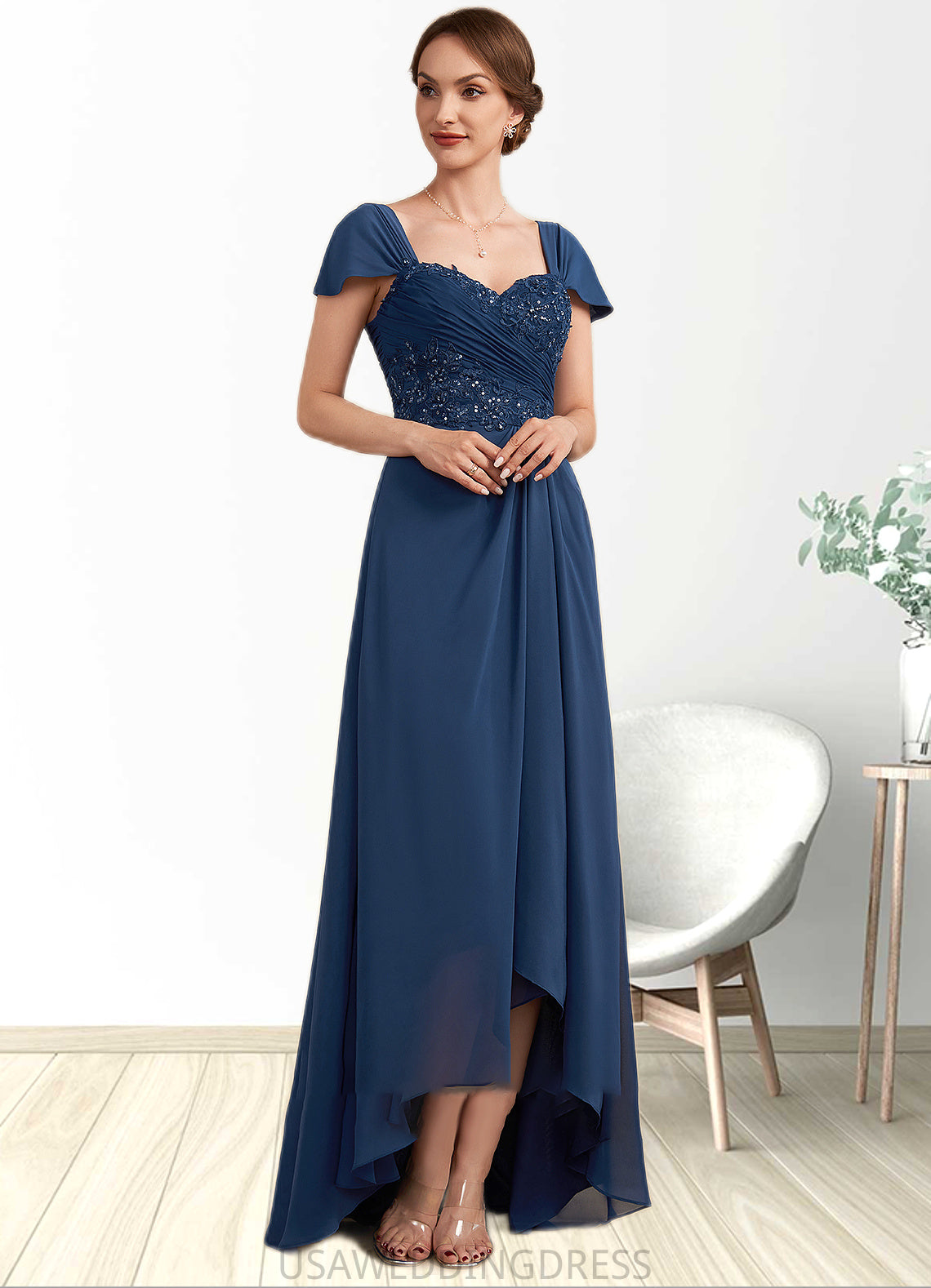 Perla A-Line Sweetheart Asymmetrical Chiffon Lace Mother of the Bride Dress With Ruffle Beading Sequins DS126P0014663