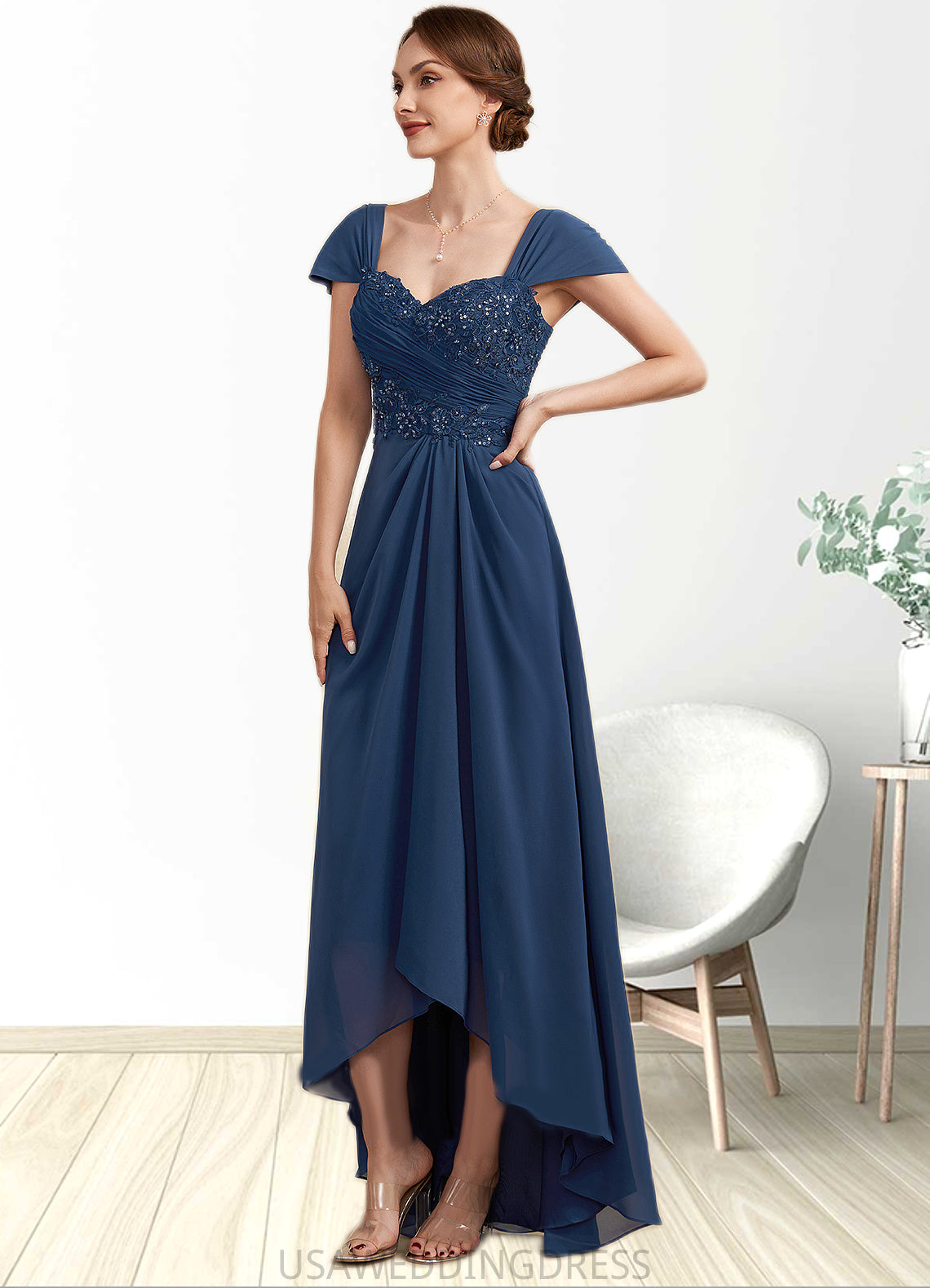 Perla A-Line Sweetheart Asymmetrical Chiffon Lace Mother of the Bride Dress With Ruffle Beading Sequins DS126P0014663