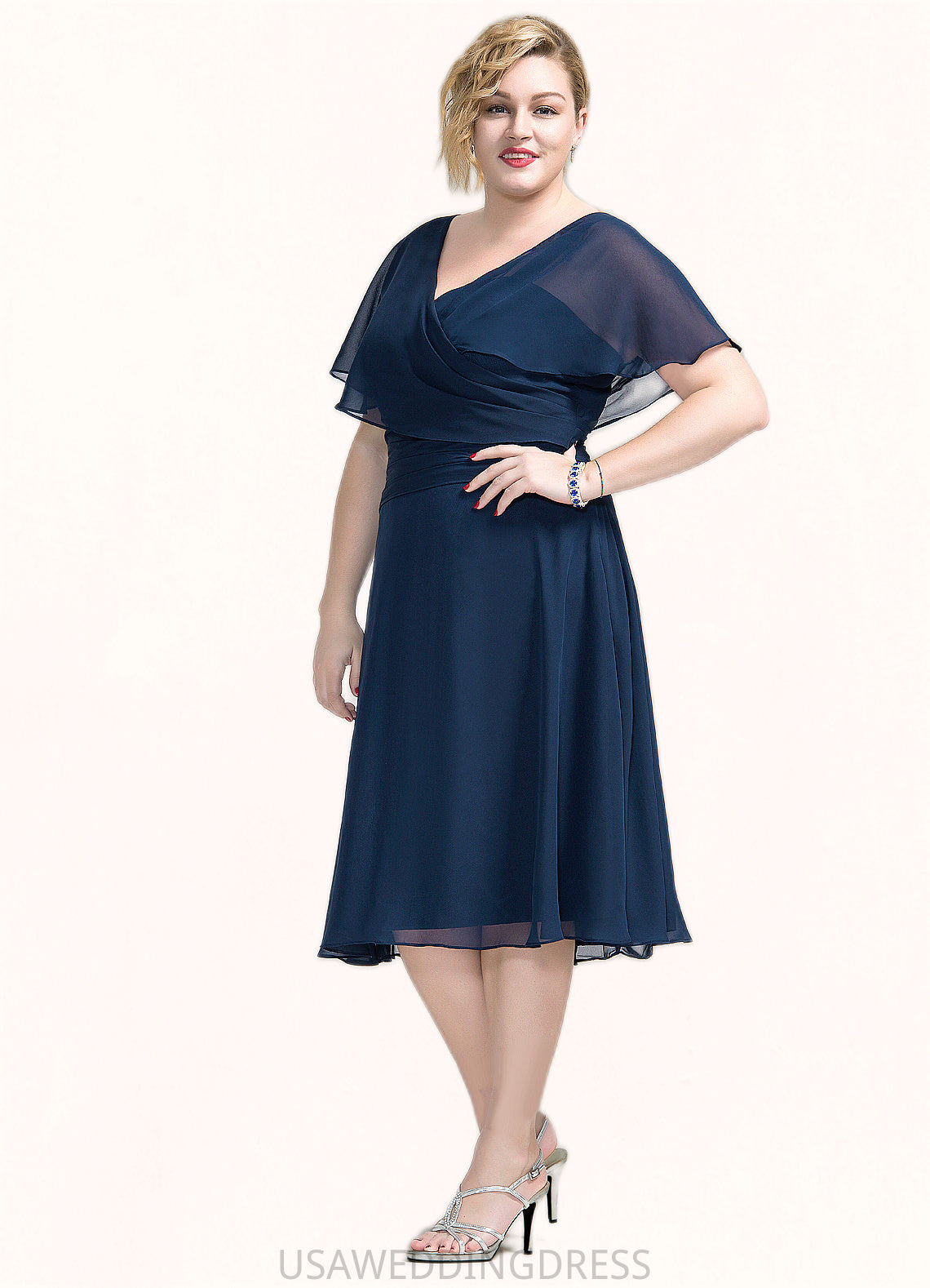 Jaiden A-Line V-neck Knee-Length Chiffon Mother of the Bride Dress With Ruffle DS126P0014664