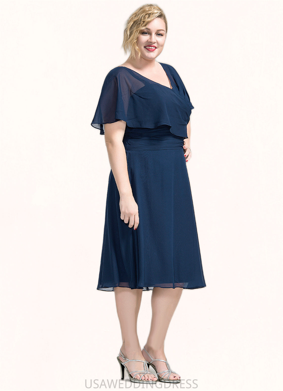 Jaiden A-Line V-neck Knee-Length Chiffon Mother of the Bride Dress With Ruffle DS126P0014664