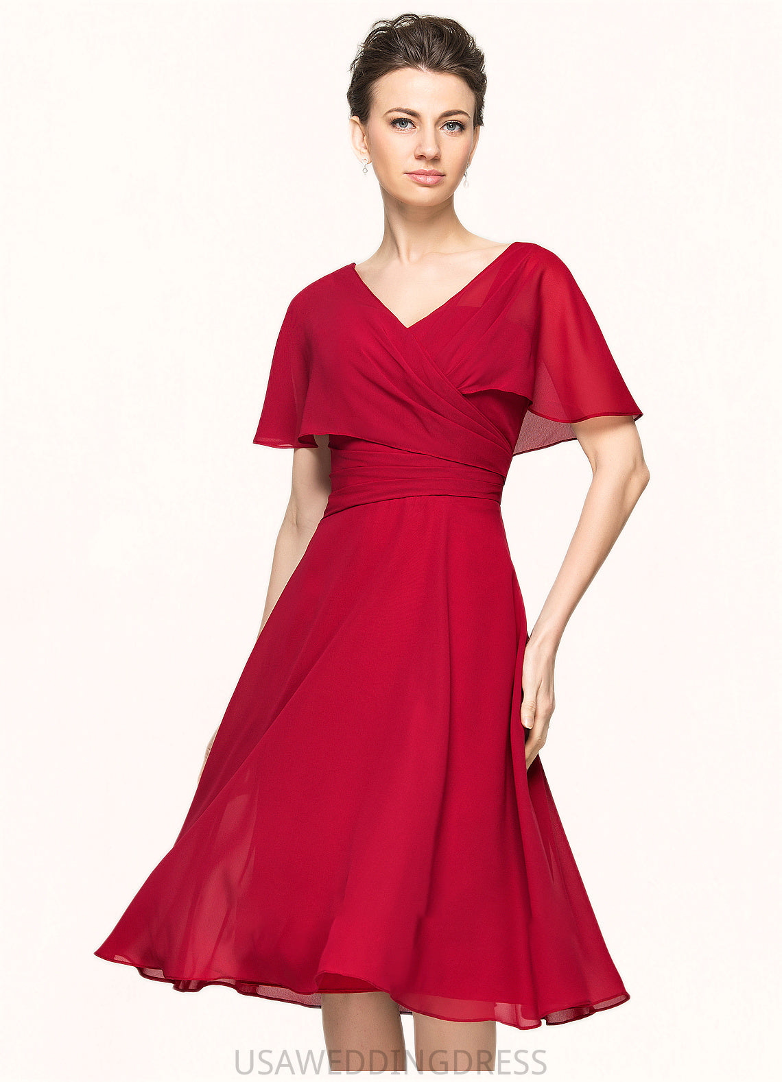 Jaiden A-Line V-neck Knee-Length Chiffon Mother of the Bride Dress With Ruffle DS126P0014664