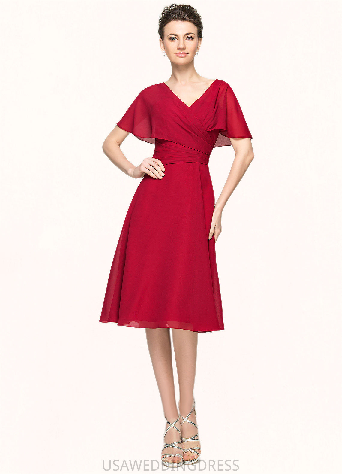 Jaiden A-Line V-neck Knee-Length Chiffon Mother of the Bride Dress With Ruffle DS126P0014664