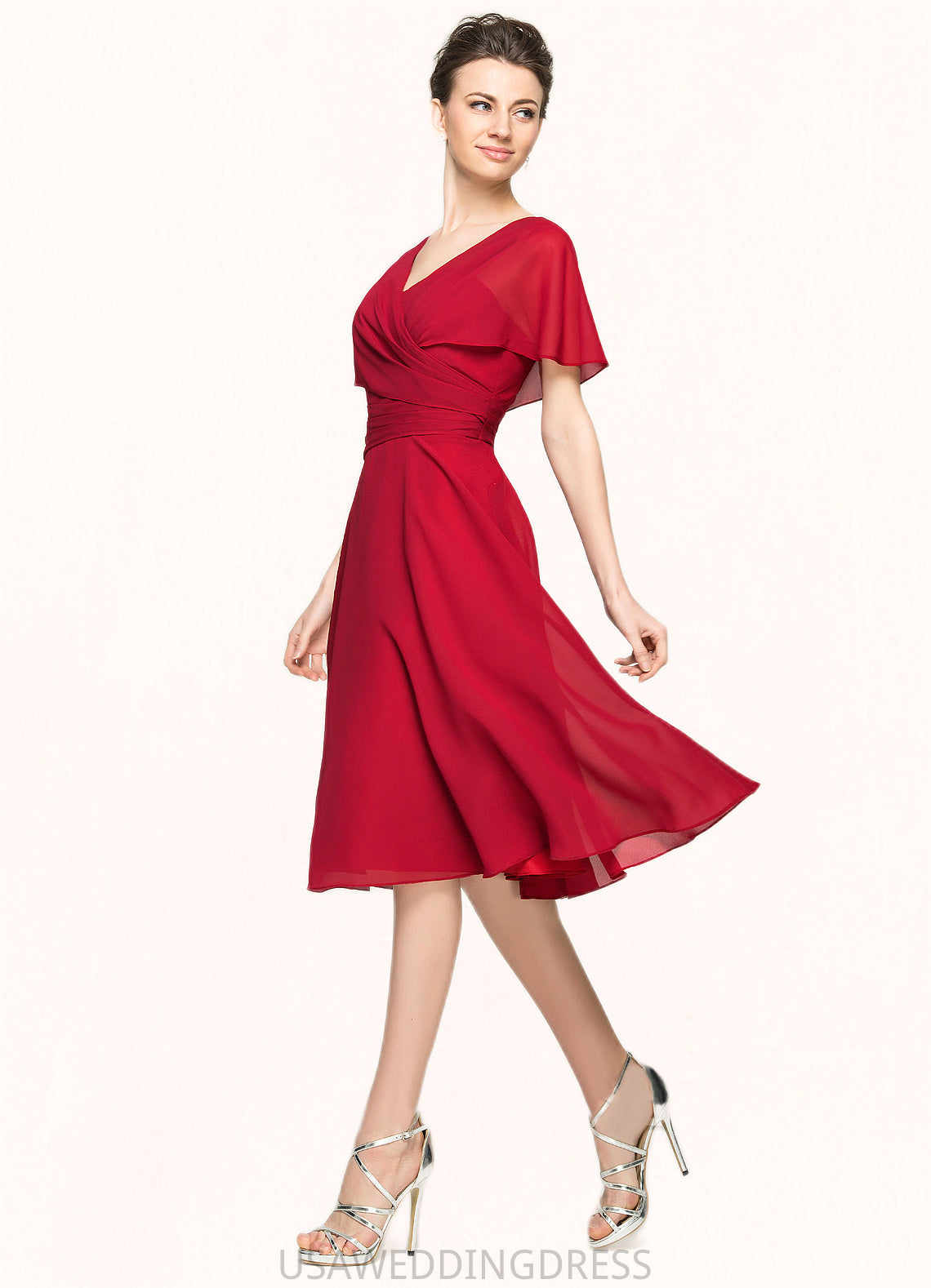 Jaiden A-Line V-neck Knee-Length Chiffon Mother of the Bride Dress With Ruffle DS126P0014664