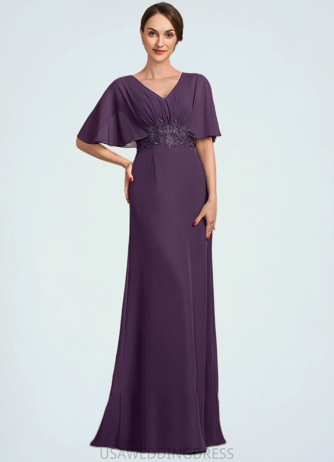 Esmeralda A-Line V-neck Floor-Length Chiffon Mother of the Bride Dress With Lace Sequins DS126P0014665