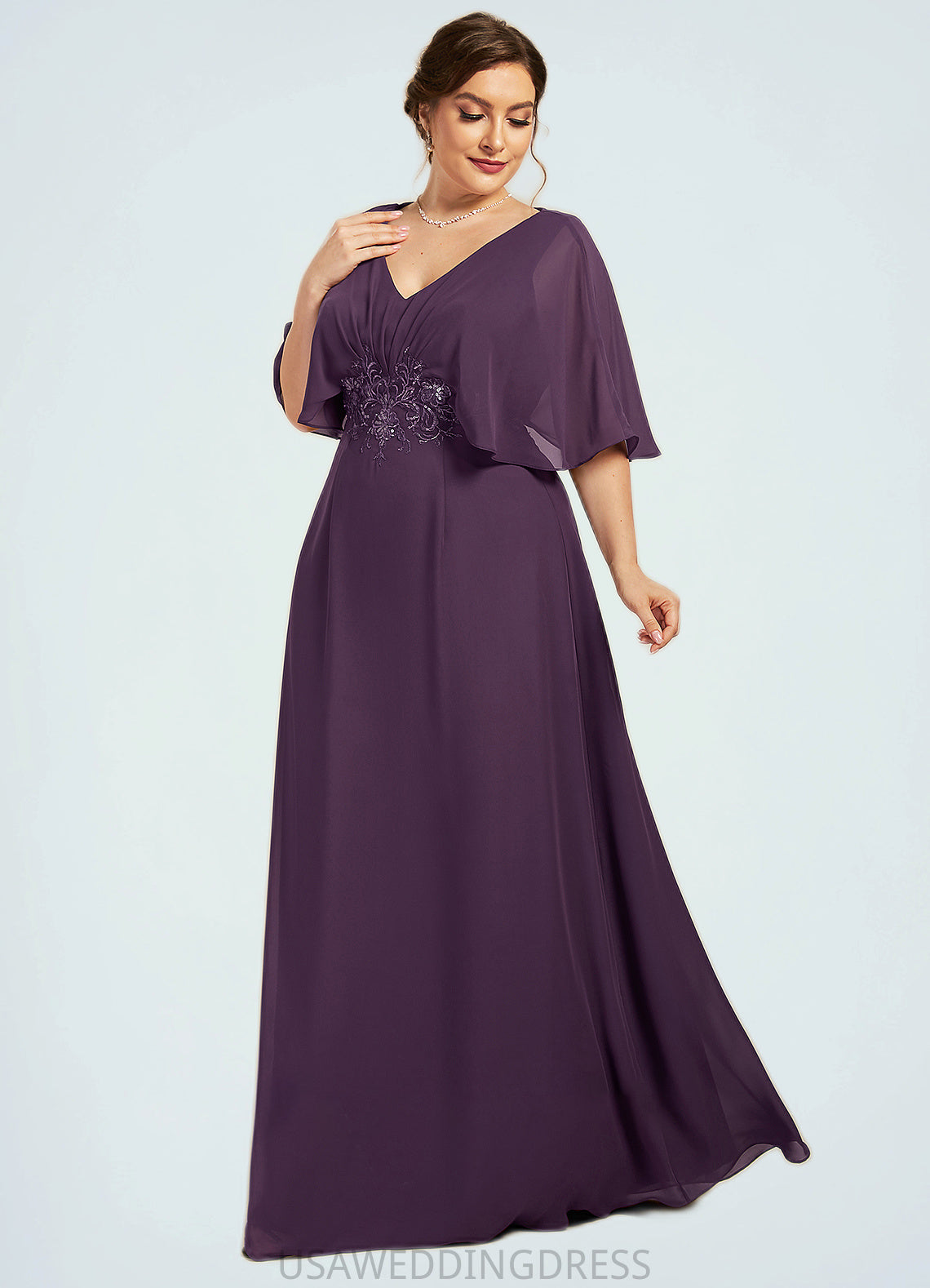 Esmeralda A-Line V-neck Floor-Length Chiffon Mother of the Bride Dress With Lace Sequins DS126P0014665