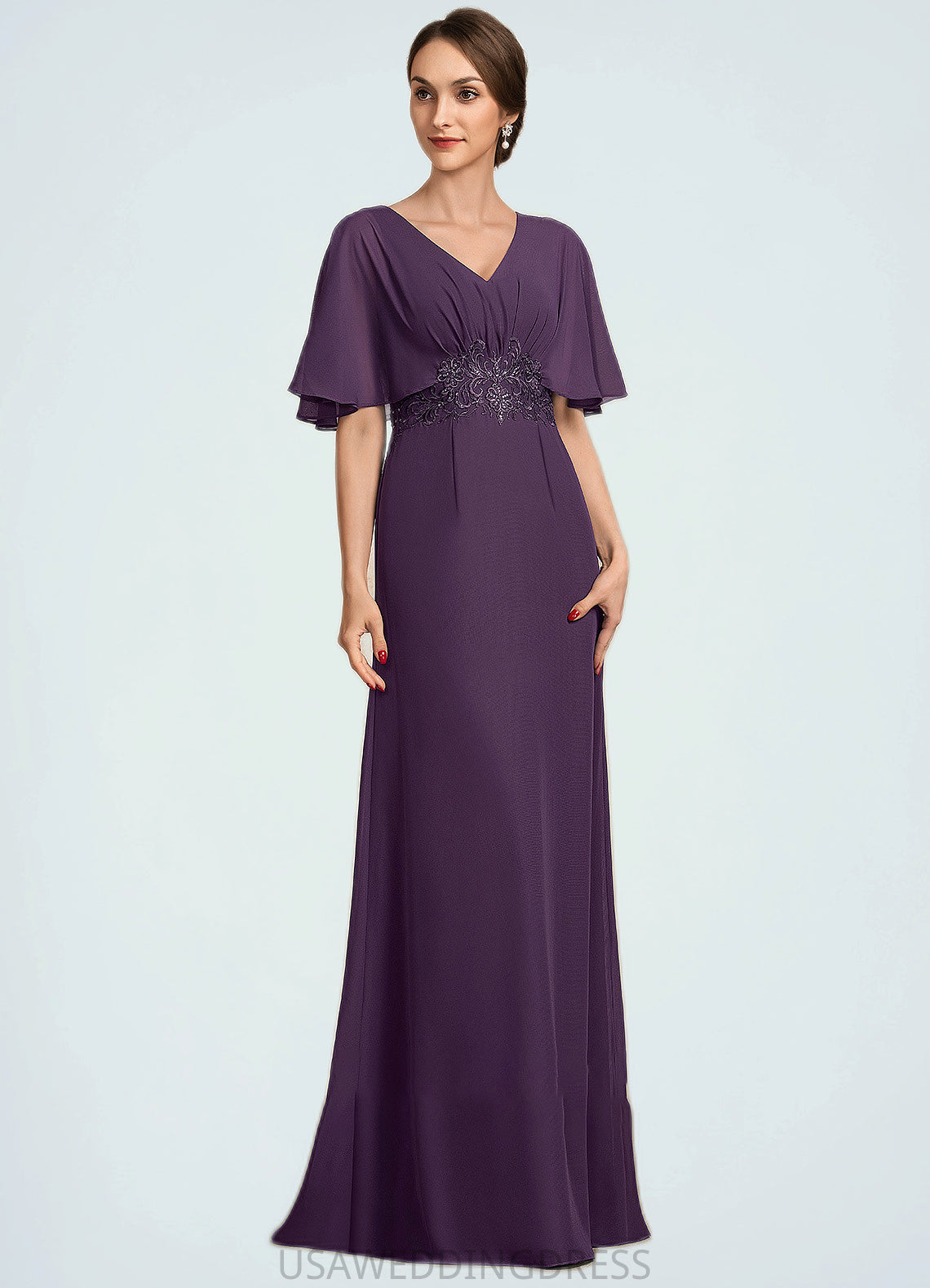 Esmeralda A-Line V-neck Floor-Length Chiffon Mother of the Bride Dress With Lace Sequins DS126P0014665