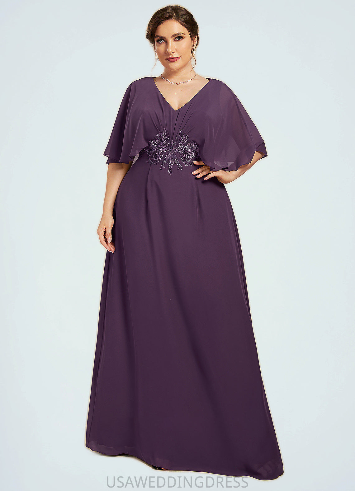 Esmeralda A-Line V-neck Floor-Length Chiffon Mother of the Bride Dress With Lace Sequins DS126P0014665