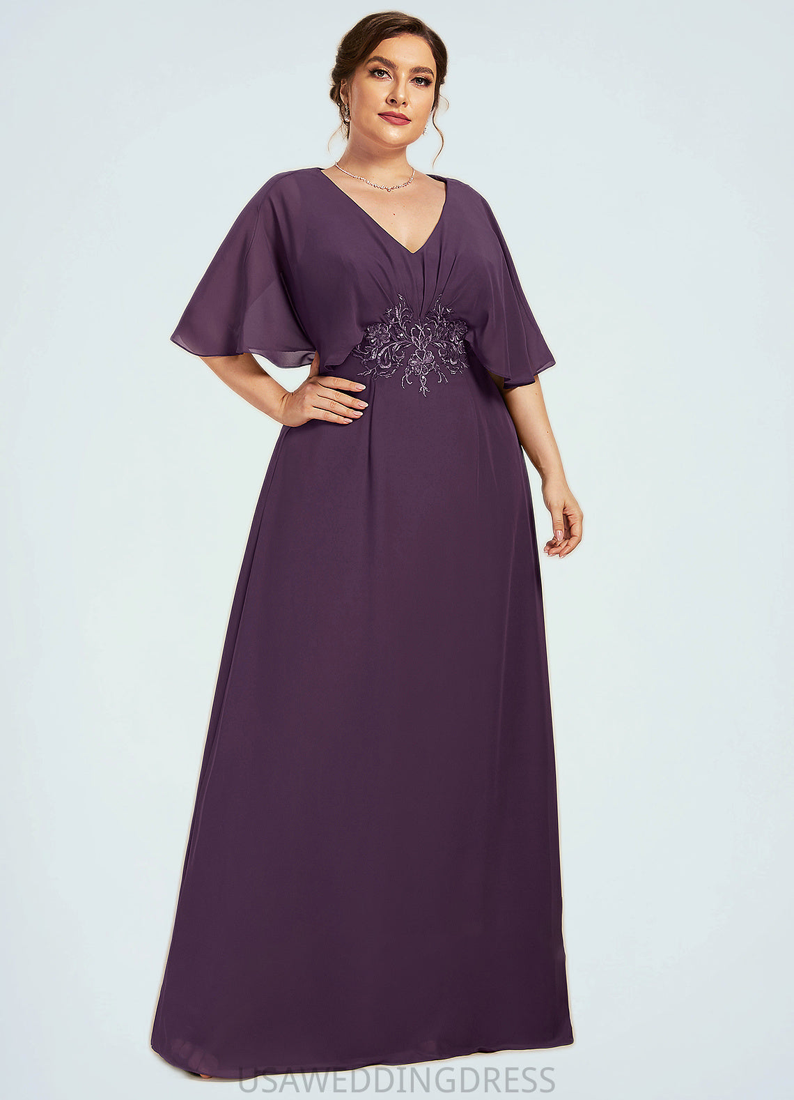 Esmeralda A-Line V-neck Floor-Length Chiffon Mother of the Bride Dress With Lace Sequins DS126P0014665