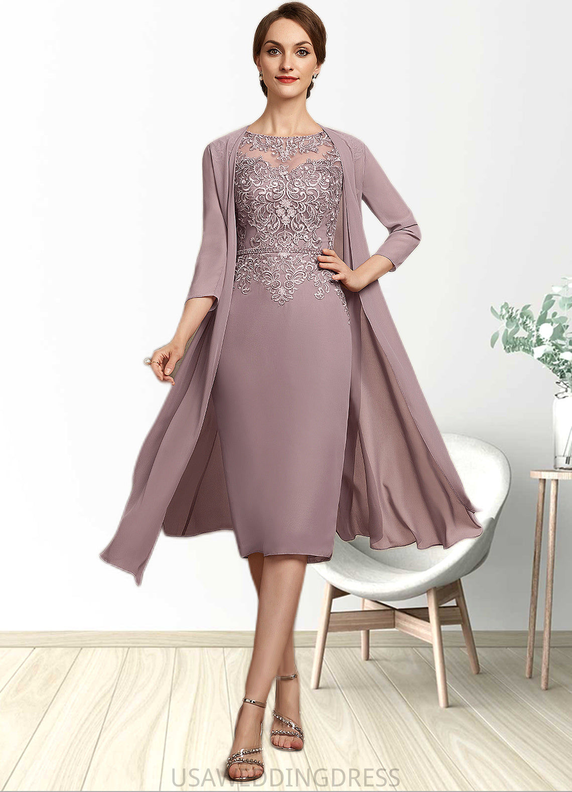 Danika Sheath/Column Scoop Neck Knee-Length Chiffon Lace Mother of the Bride Dress With Beading Sequins DS126P0014666