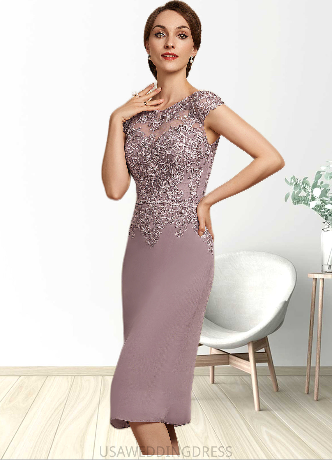 Danika Sheath/Column Scoop Neck Knee-Length Chiffon Lace Mother of the Bride Dress With Beading Sequins DS126P0014666