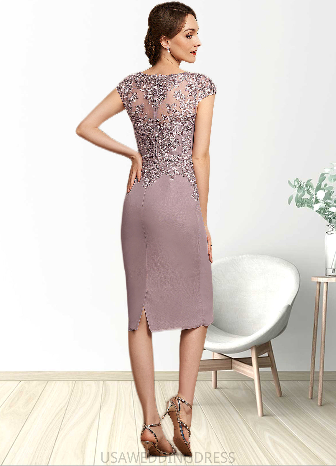 Danika Sheath/Column Scoop Neck Knee-Length Chiffon Lace Mother of the Bride Dress With Beading Sequins DS126P0014666