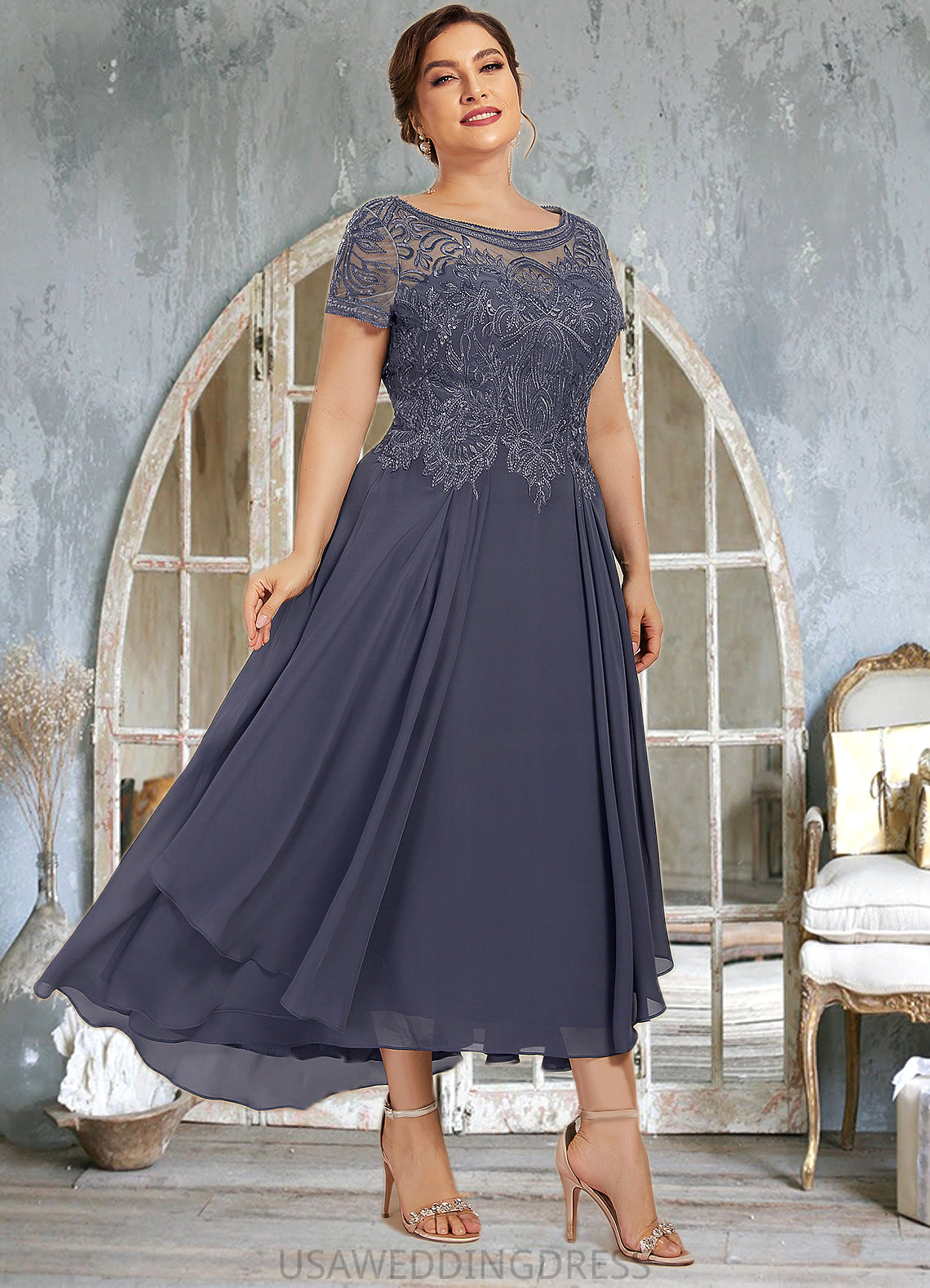 Makenna A-Line Scoop Neck Asymmetrical Chiffon Lace Mother of the Bride Dress With Sequins DS126P0014667