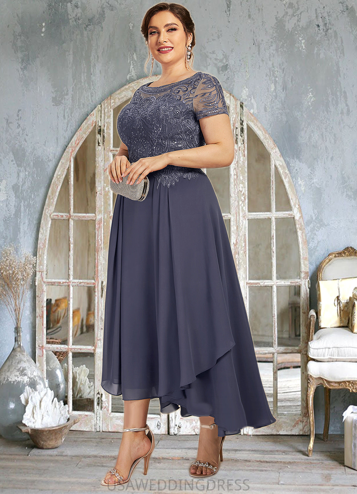 Makenna A-Line Scoop Neck Asymmetrical Chiffon Lace Mother of the Bride Dress With Sequins DS126P0014667