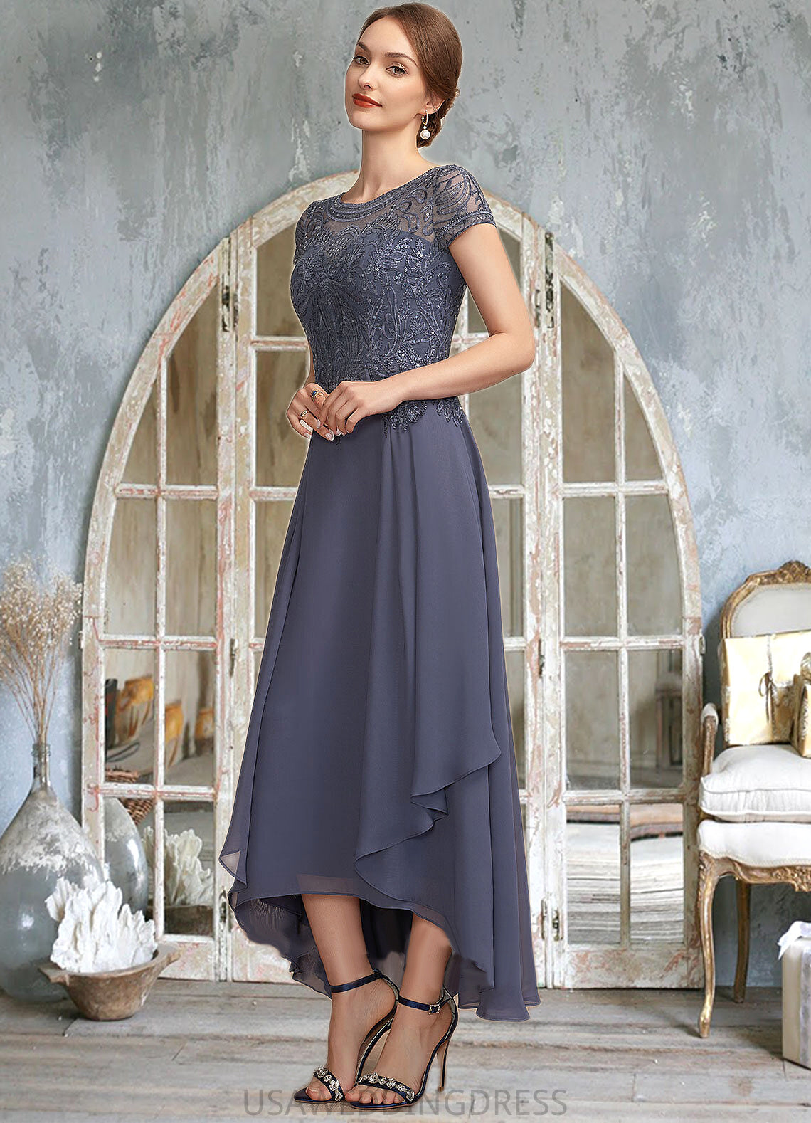 Makenna A-Line Scoop Neck Asymmetrical Chiffon Lace Mother of the Bride Dress With Sequins DS126P0014667