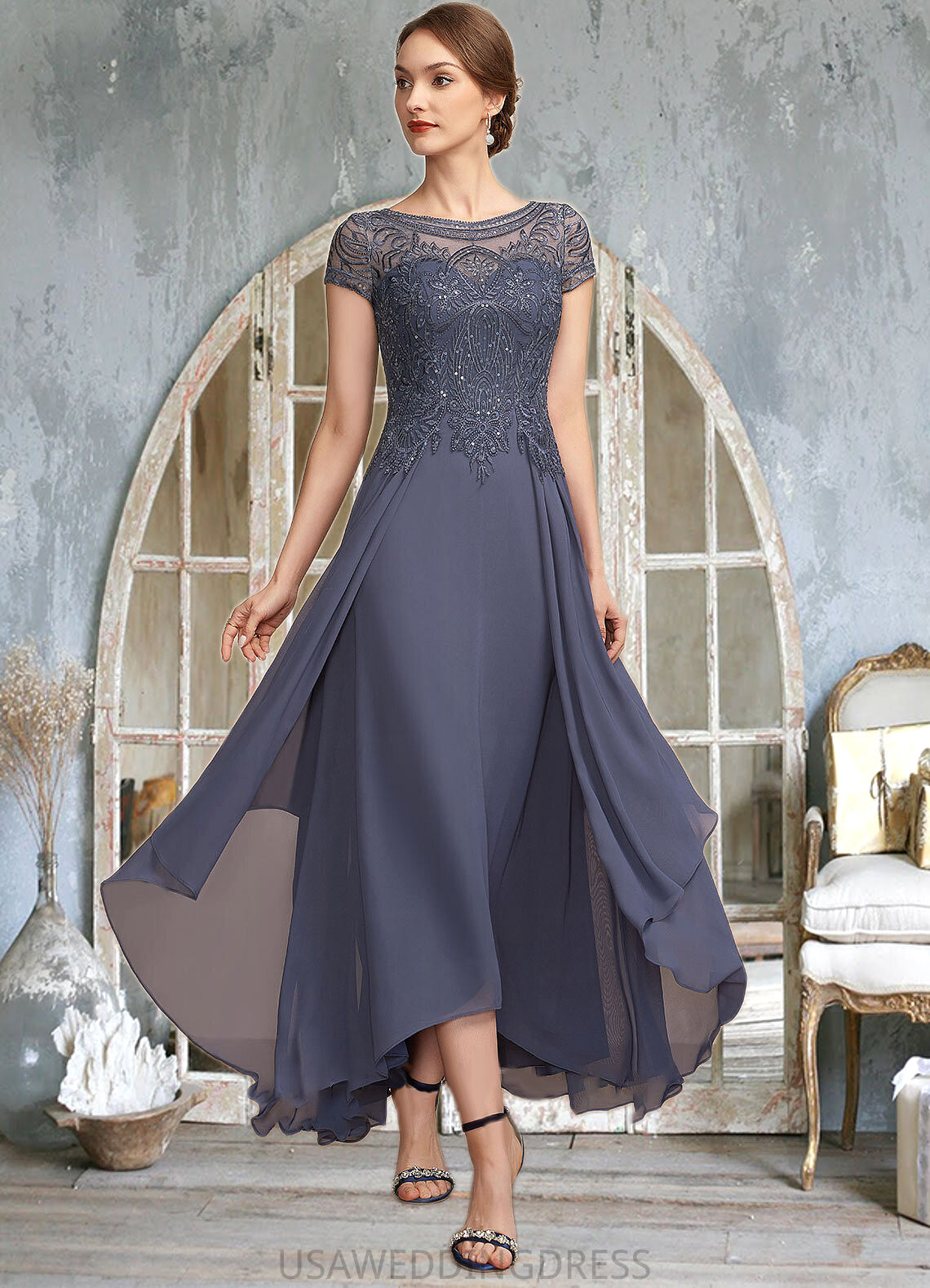 Makenna A-Line Scoop Neck Asymmetrical Chiffon Lace Mother of the Bride Dress With Sequins DS126P0014667