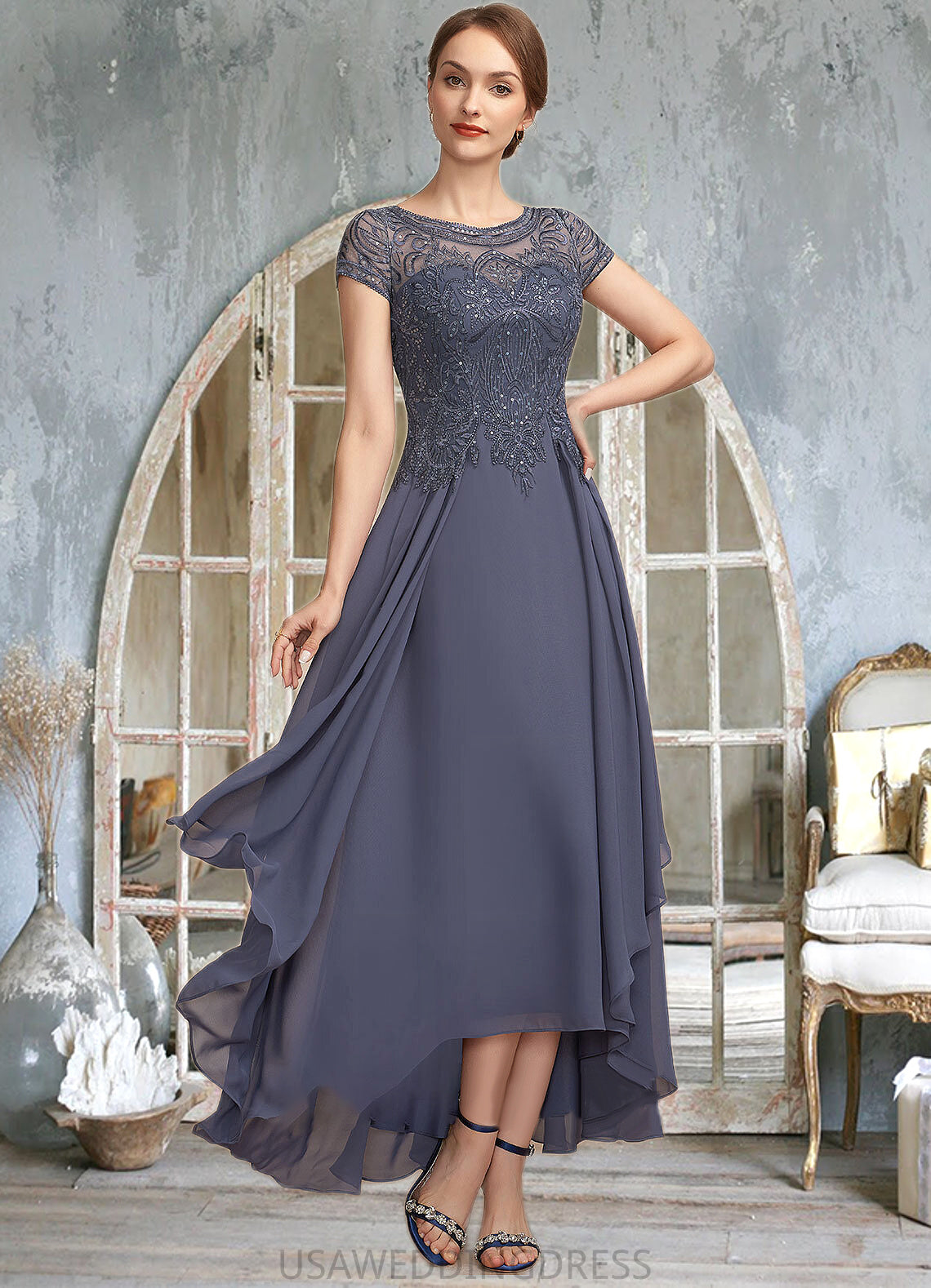 Makenna A-Line Scoop Neck Asymmetrical Chiffon Lace Mother of the Bride Dress With Sequins DS126P0014667