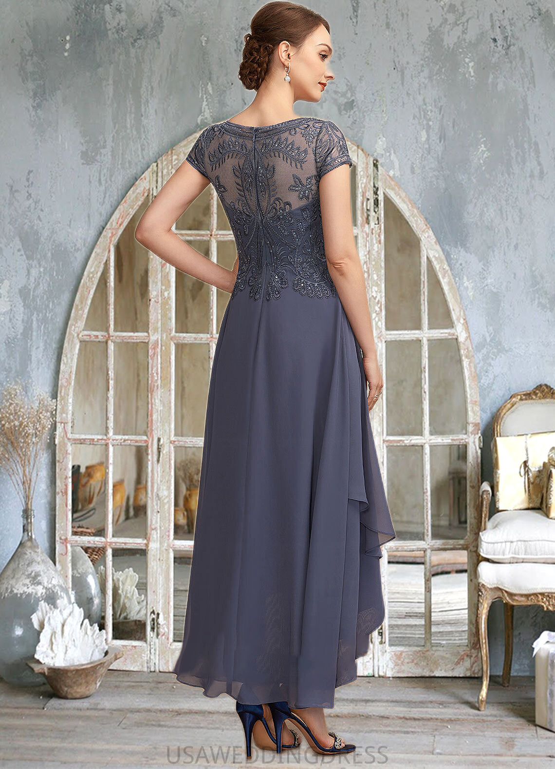 Makenna A-Line Scoop Neck Asymmetrical Chiffon Lace Mother of the Bride Dress With Sequins DS126P0014667