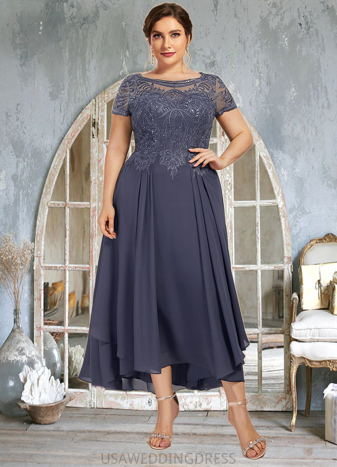 Makenna A-Line Scoop Neck Asymmetrical Chiffon Lace Mother of the Bride Dress With Sequins DS126P0014667